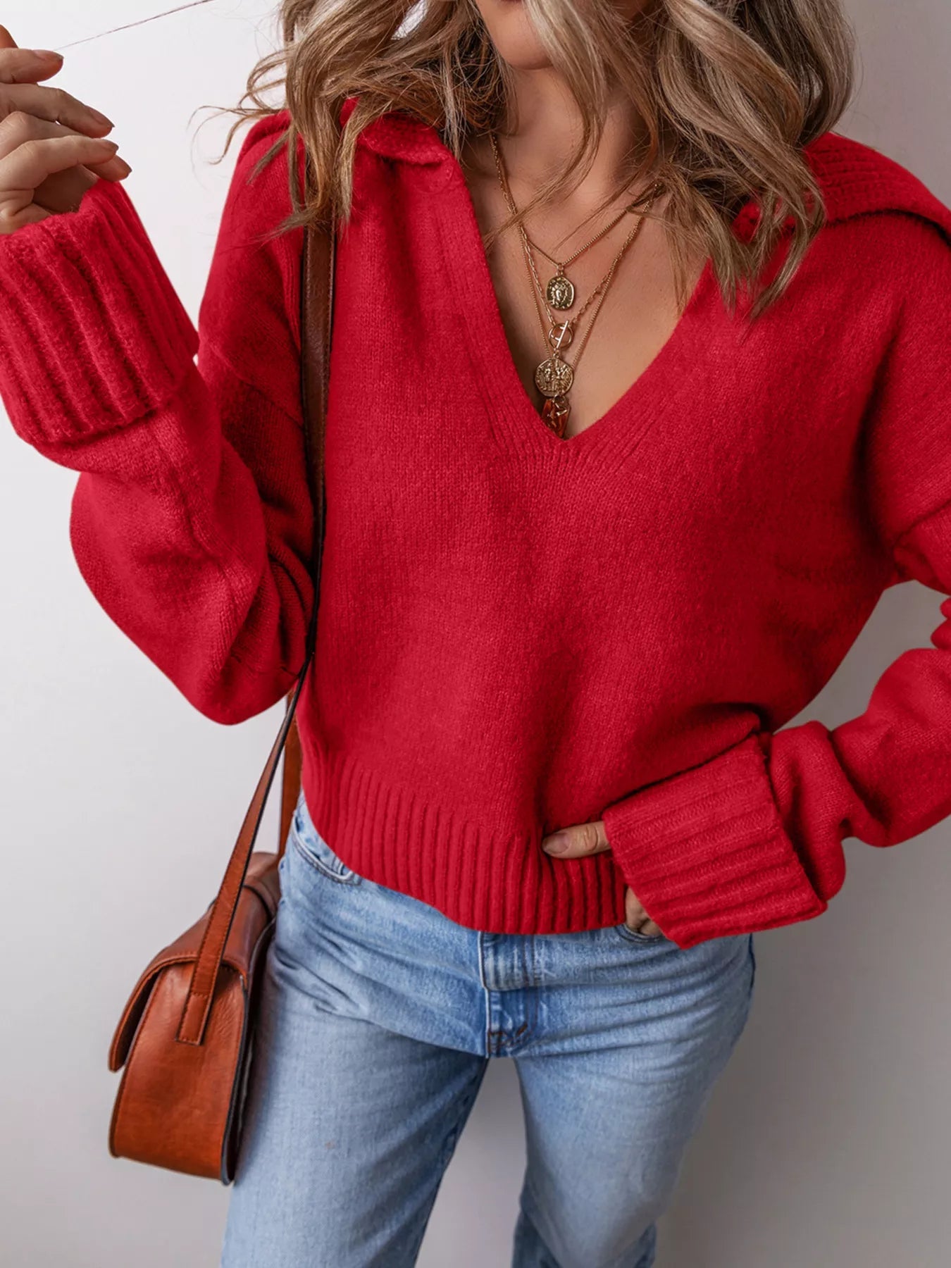 Collared V Neck Ribbed Edge Sweater -  Be Bliss Boutique