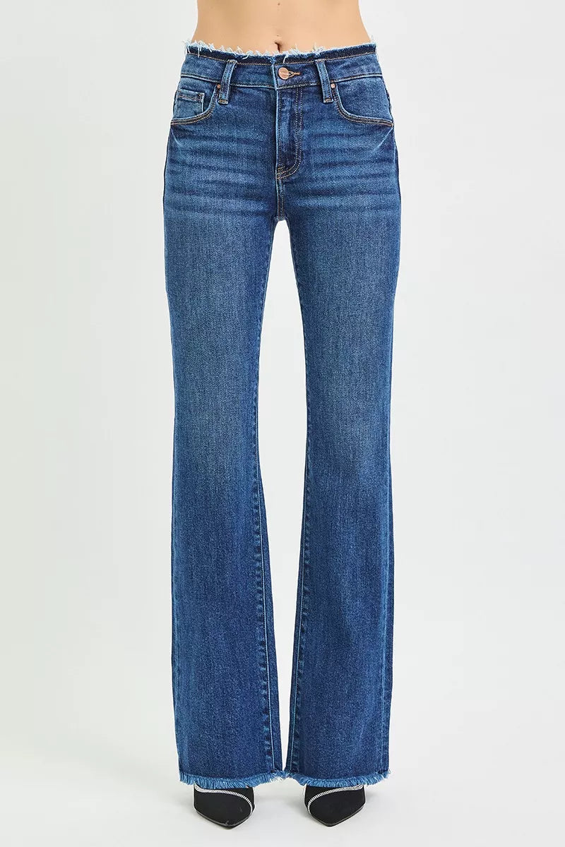 RISEN Jeans - Full Size Mid Rise Bootcut Frayed Waistband Hem Detail Jeans - Be Bliss Boutique