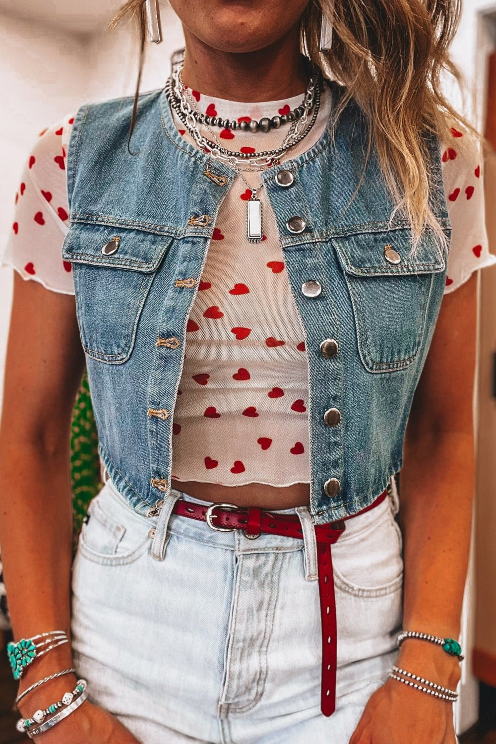 Women's Sheer Heart Print Fitted Mesh Blouse - Be Bliss Boutique