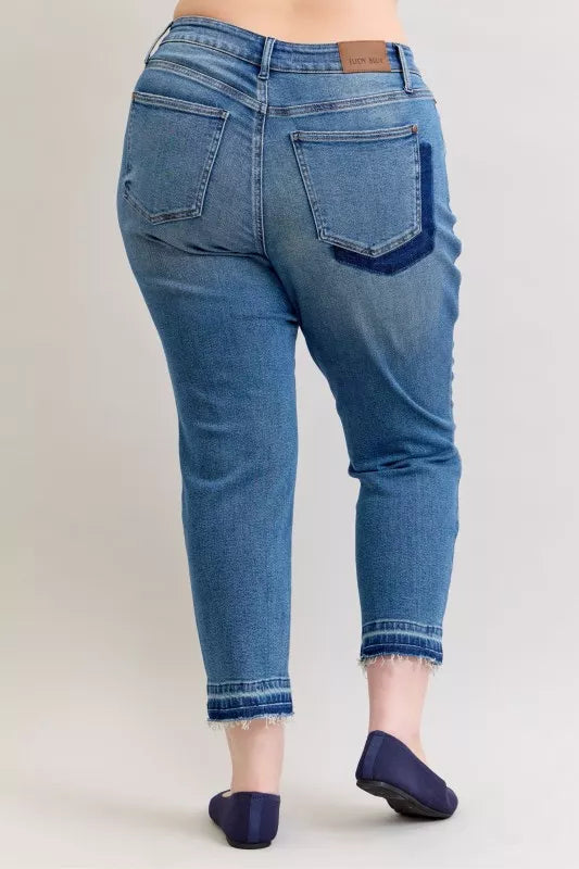 Judy Blue Full Size Mid Rise Bf Patch & Repair Destroy Release Hem Jeans Plus Size - Be Bliss Boutique