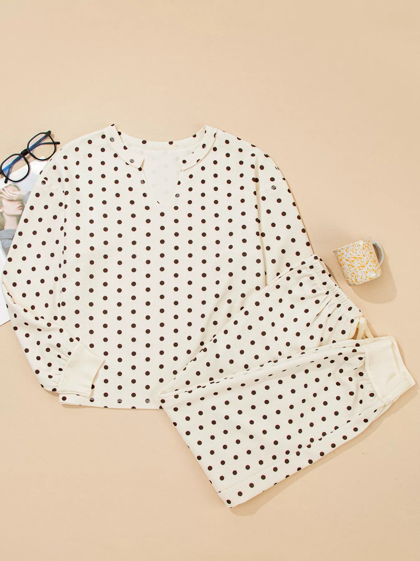 Polka Dot Notched Long Sleeve Top and Drawstring Joggers Lounge Set - Be Bliss Boutique