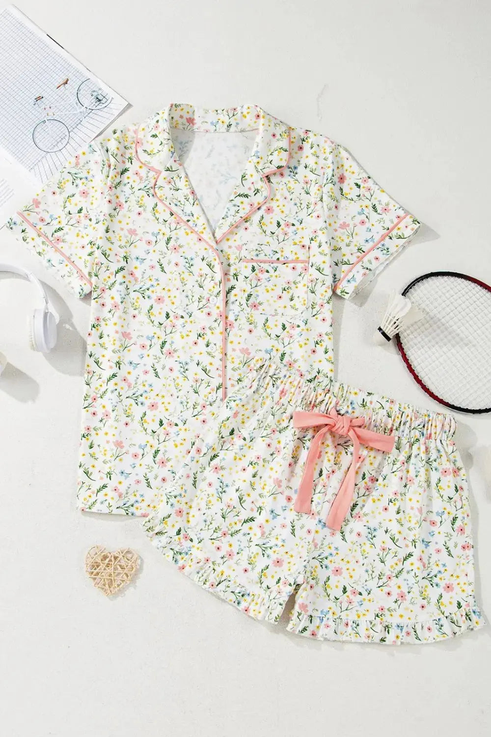 Printed Button Up Short Sleeve Top and Shorts Lounge Set 