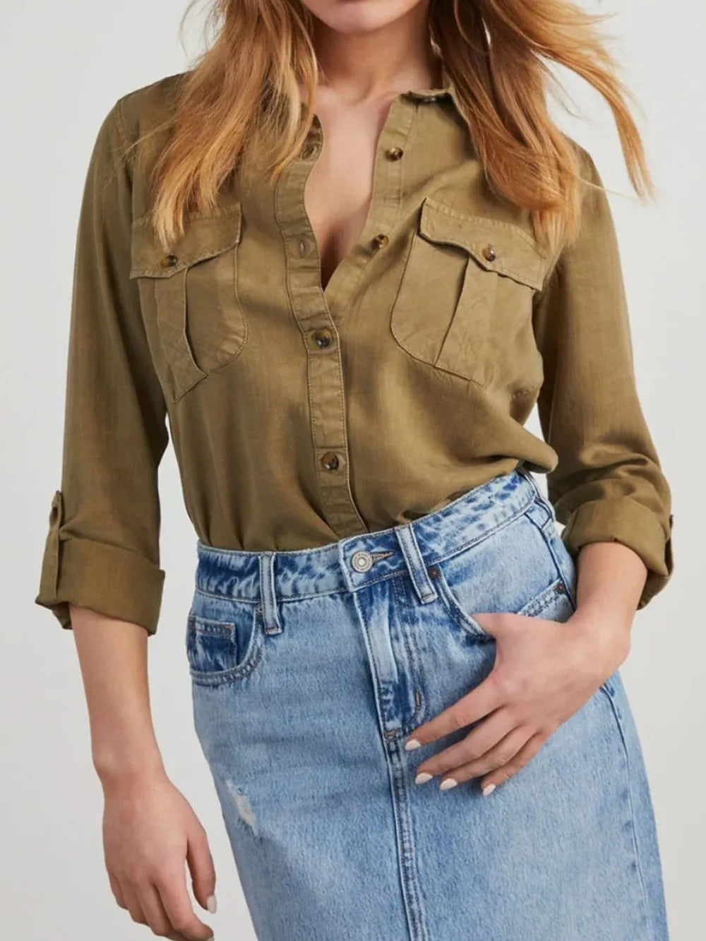 Collared Neck Roll-Tab Sleeve Womens Denim Shirt - Be Bliss Boutique