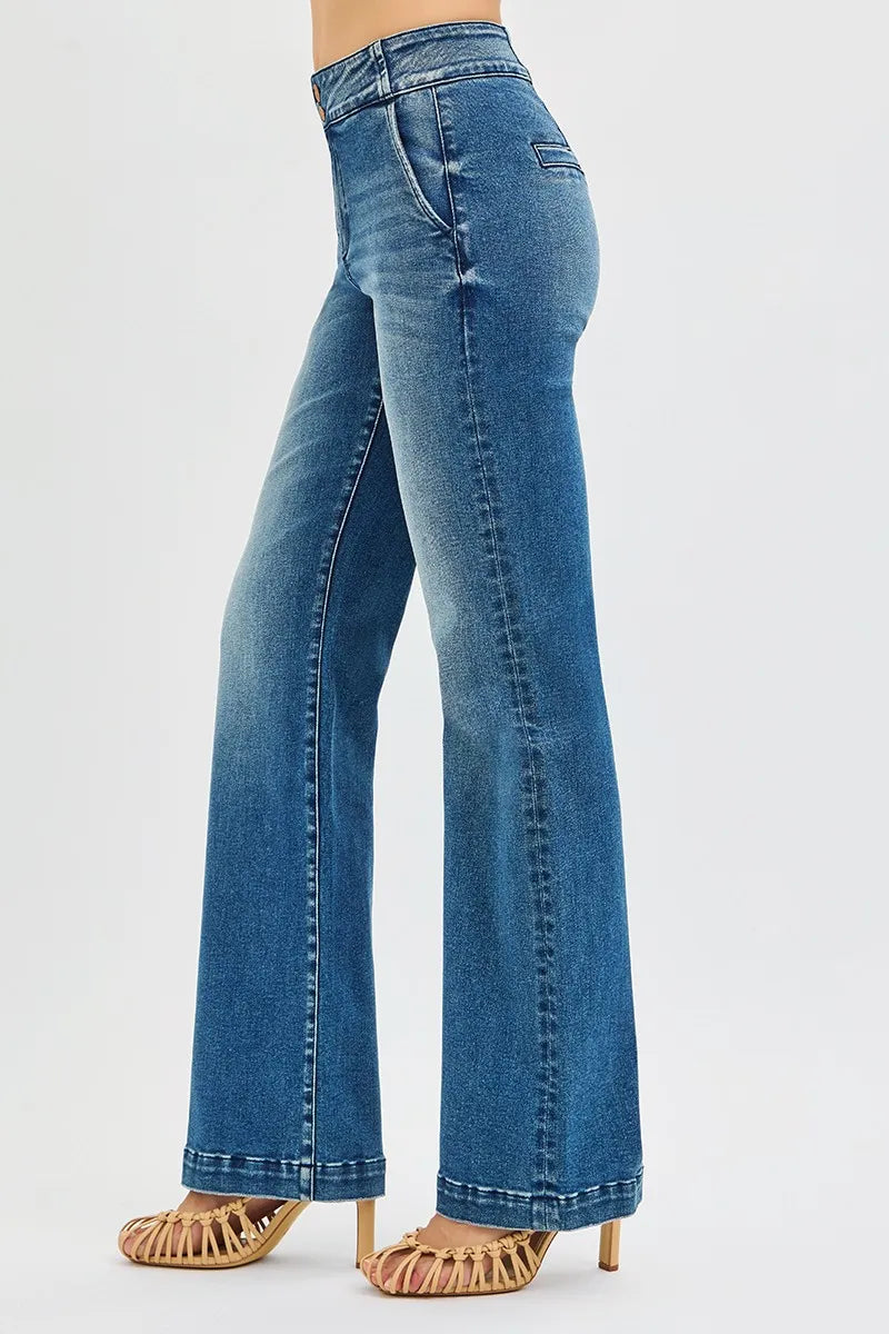 RISEN Full Size Tummy Control High Rise Bootcut Jeans with Double Button Waistband Plus Size -  Be Bliss Boutique