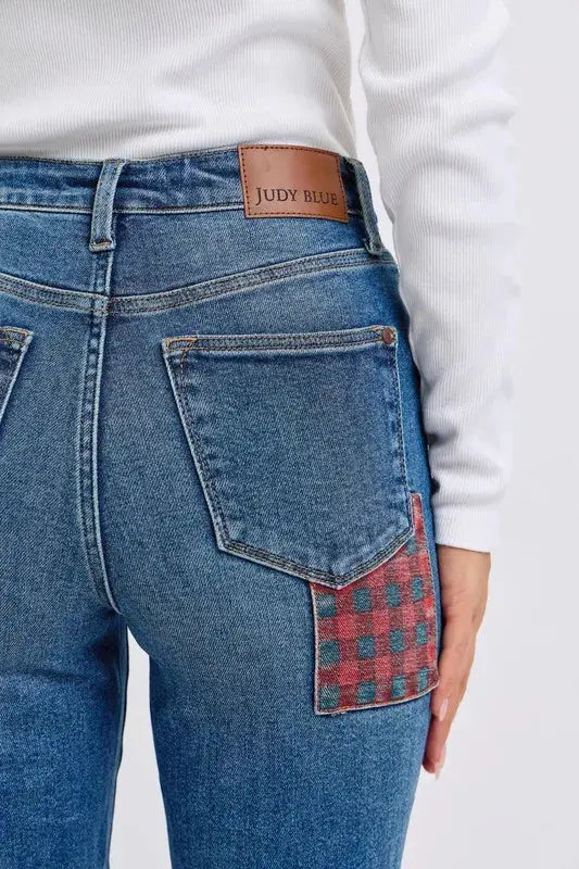 Judy Blue Full Size/Plus Size High Waist Plaid Patch Slim Fit Jeans | Be Bliss Boutique