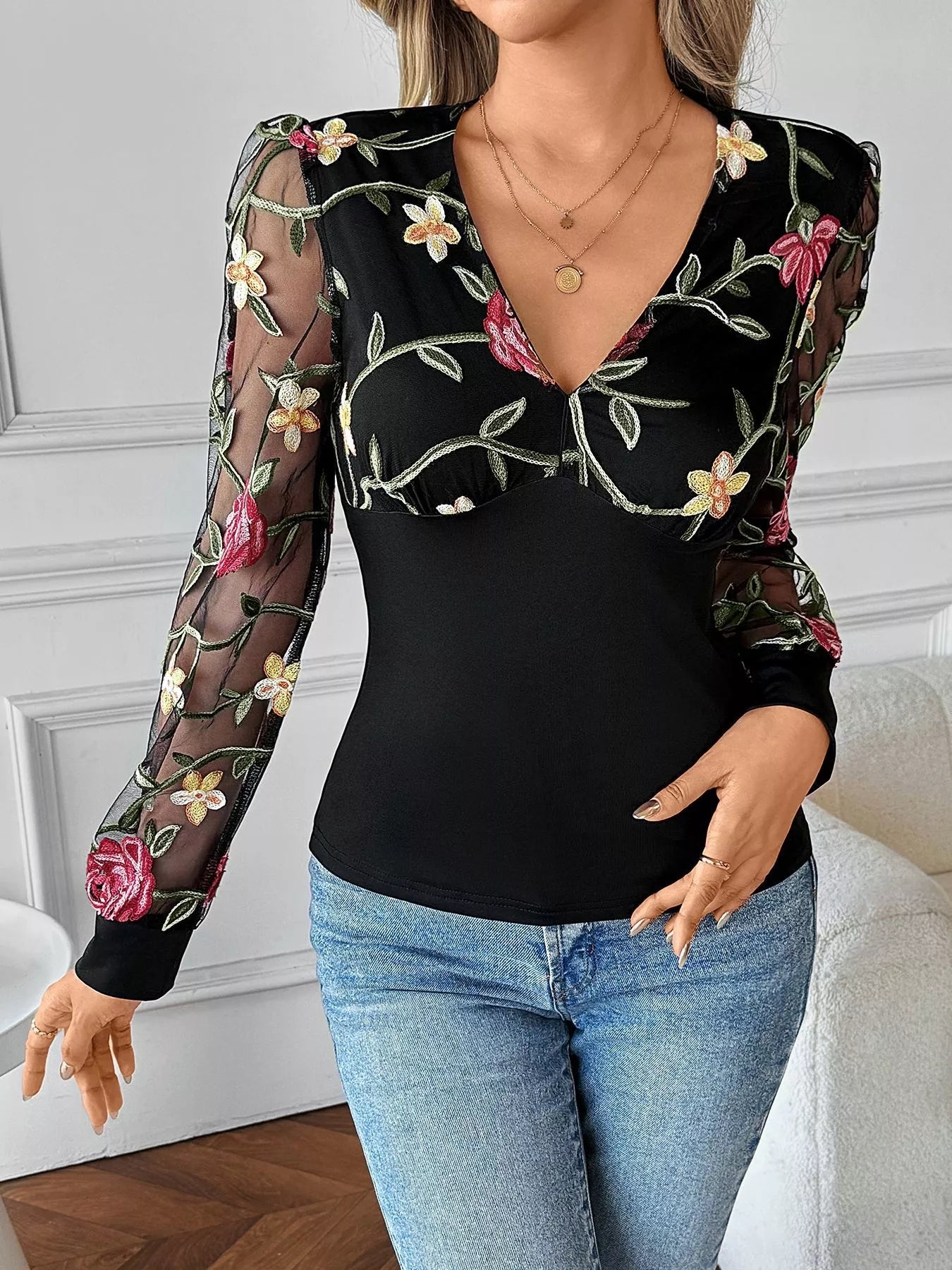 Floral Mesh Sleeve V-Neck Top - Be Bliss Boutique