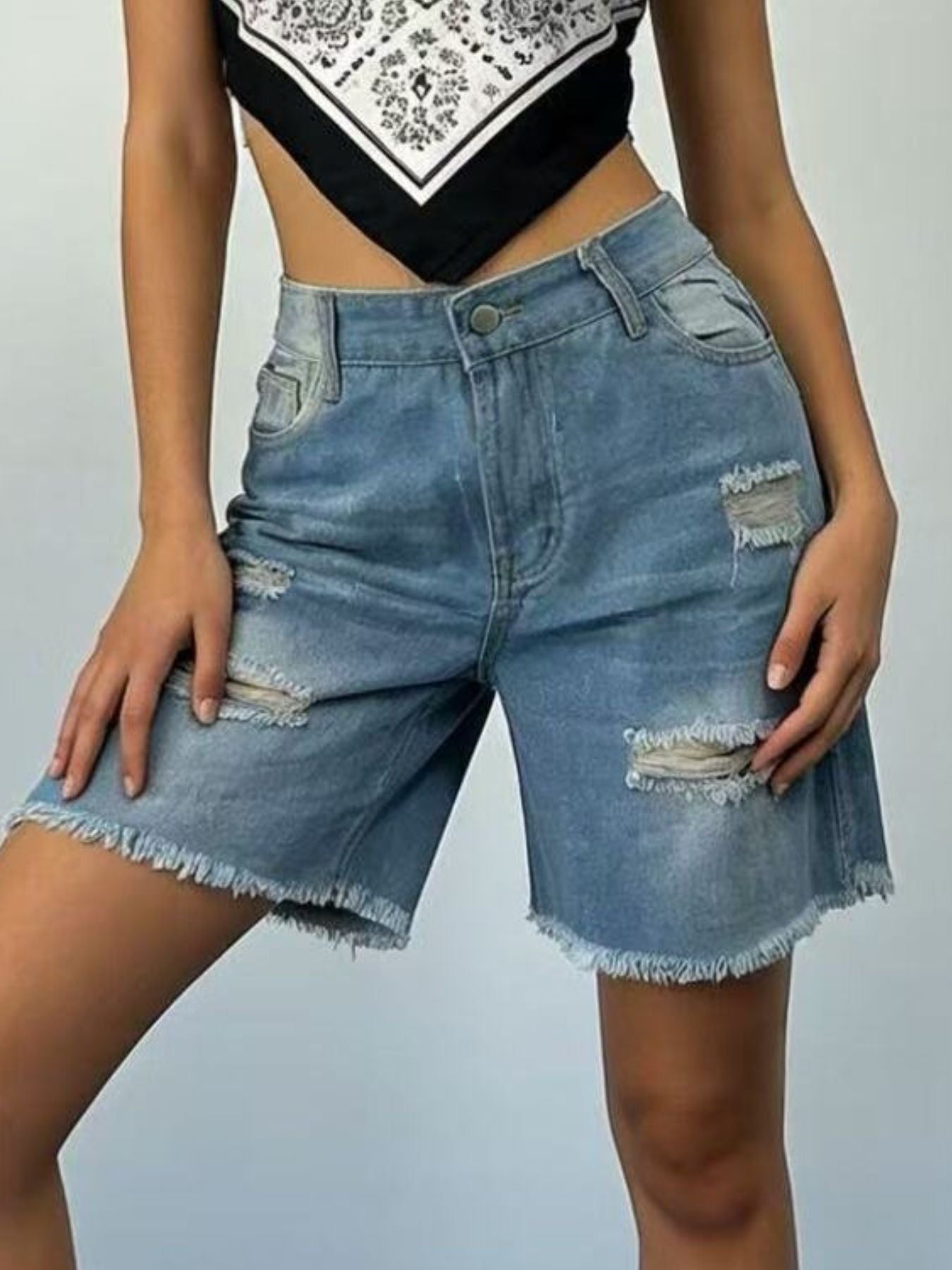 Plus Size Ripped Frayed Hem Denim Shorts - Be Bliss Boutique