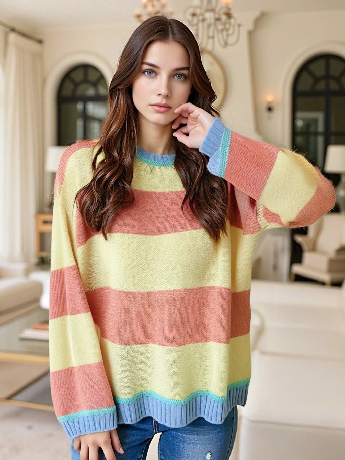 Color Block Round Neck Sweater -  Be Bliss Boutique