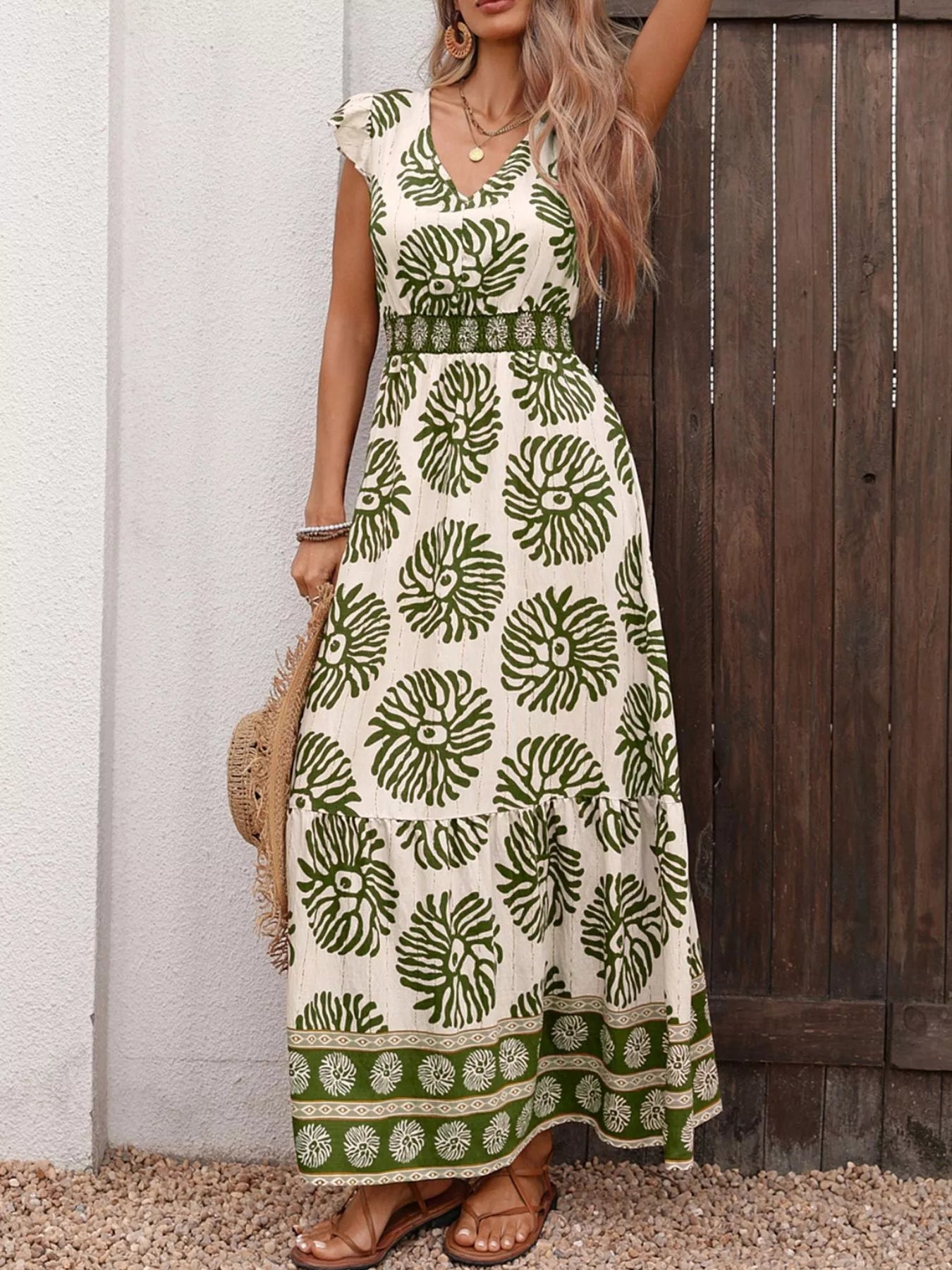 white christmas dresses Printed V Neck Cap Sleeve Maxi Dress