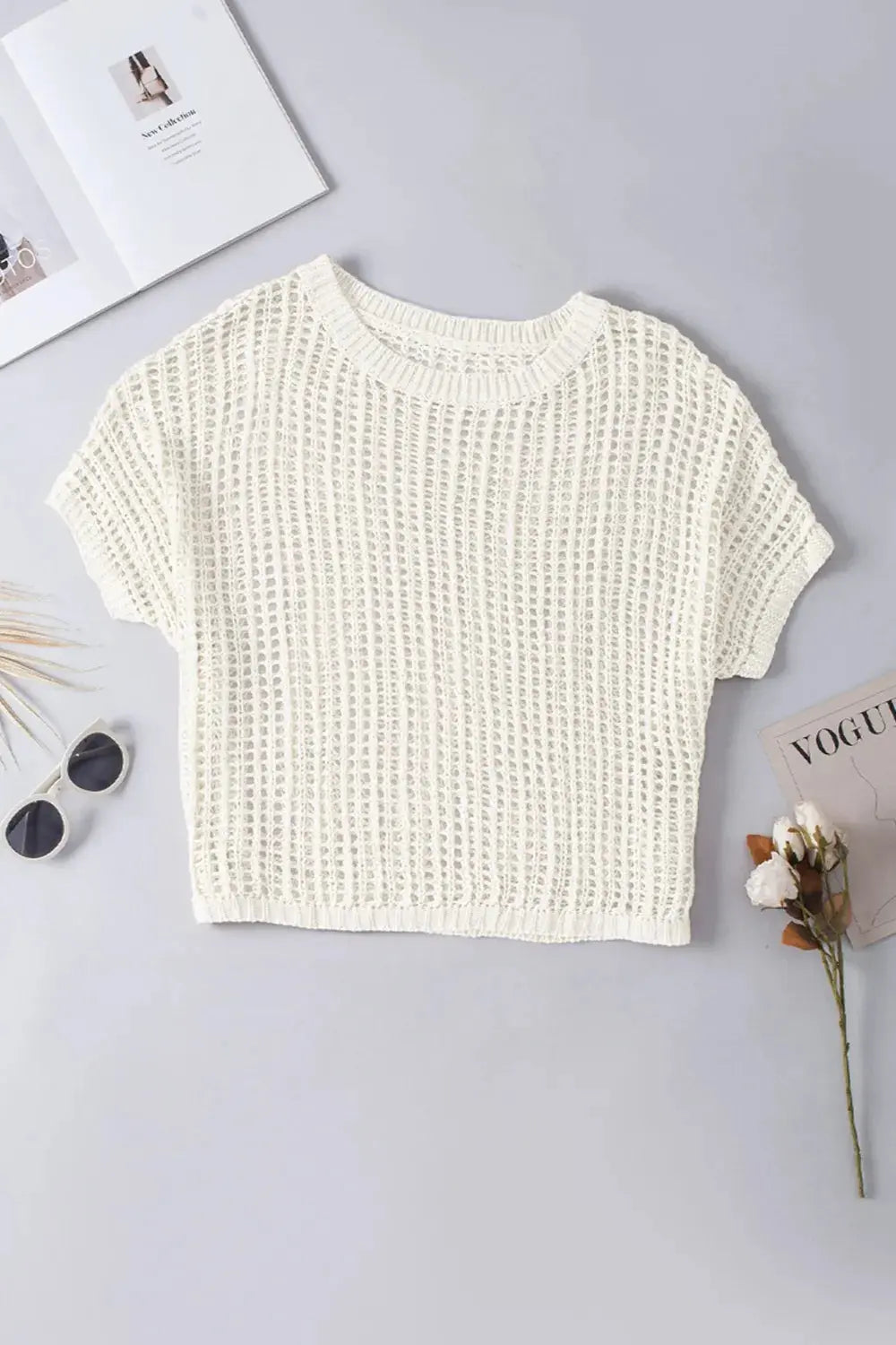 Openwork Round Neck Half Sleeve Knit Cover Up | Be Bliss Boutique