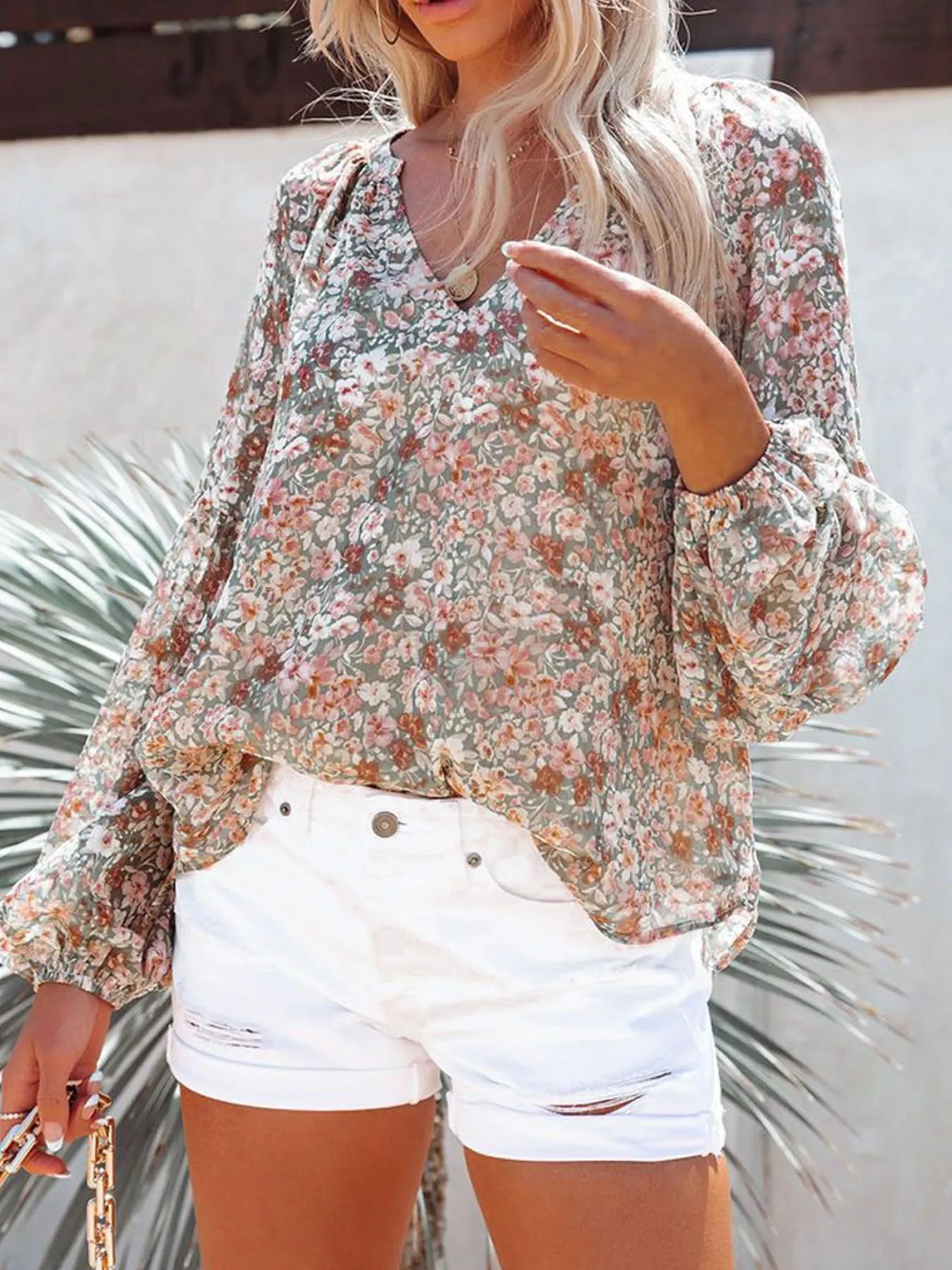 Full Size Floral Print V Neck Long Sleeve Blouse - Be Bliss Boutique