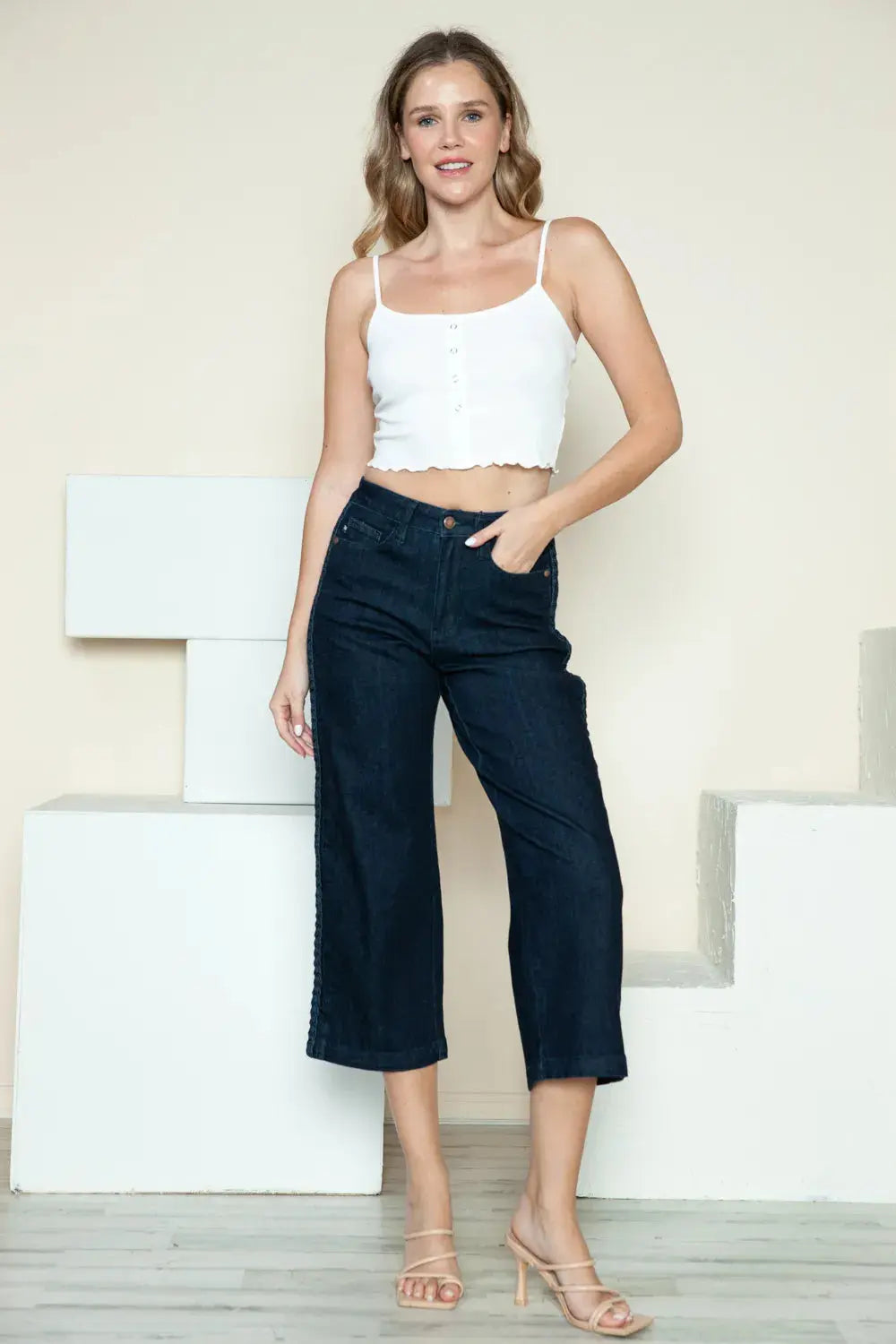 Judy Blue Full Size/Plus Size Side Seam Braid Detail Crop Wide Leg Jeans |  Be Bliss Boutique