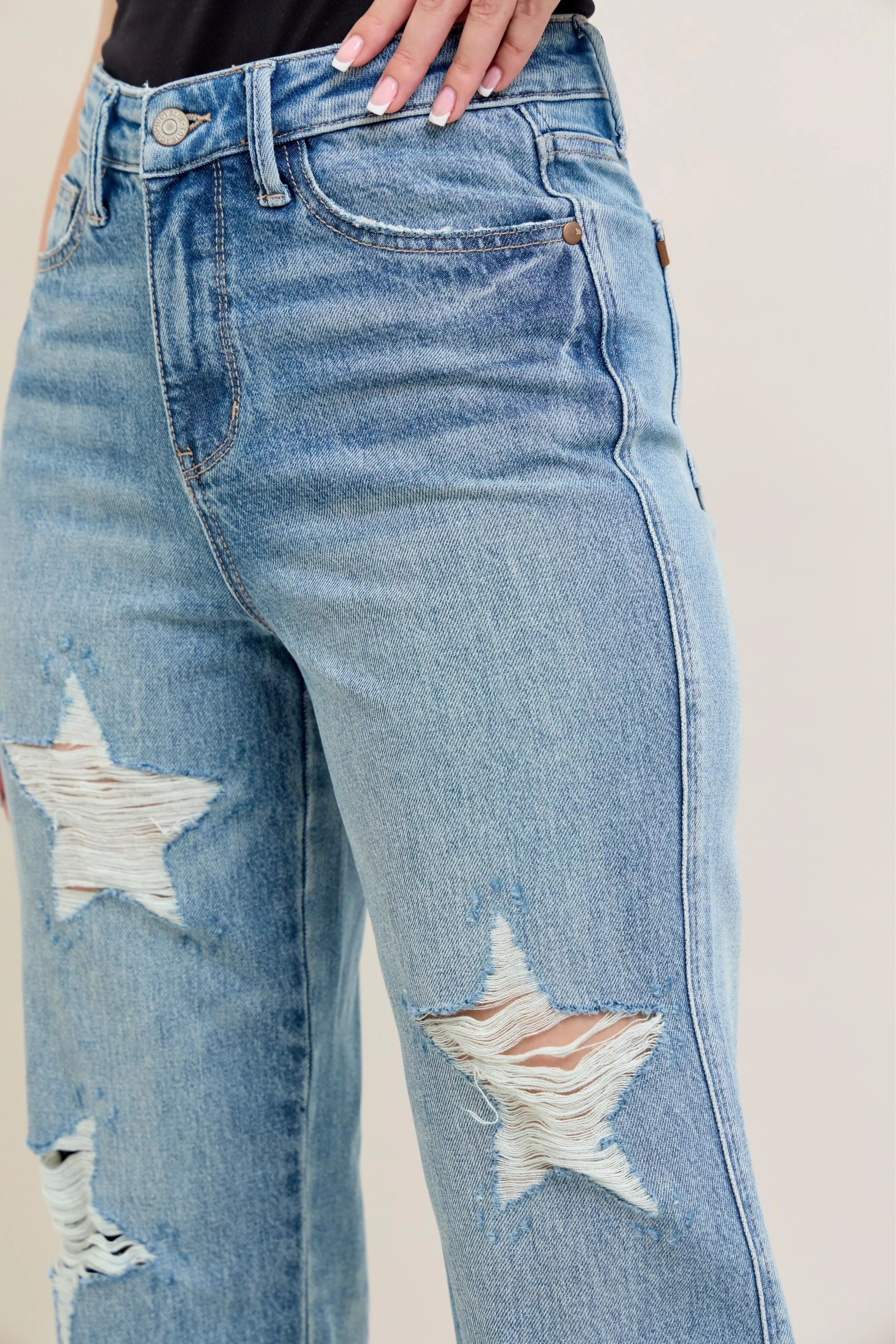 Judy Blue Full Size High Waist  Rigid Magic Star Shaped Destroy 90's Straight Jeans Plus Size - Be Bliss Boutique