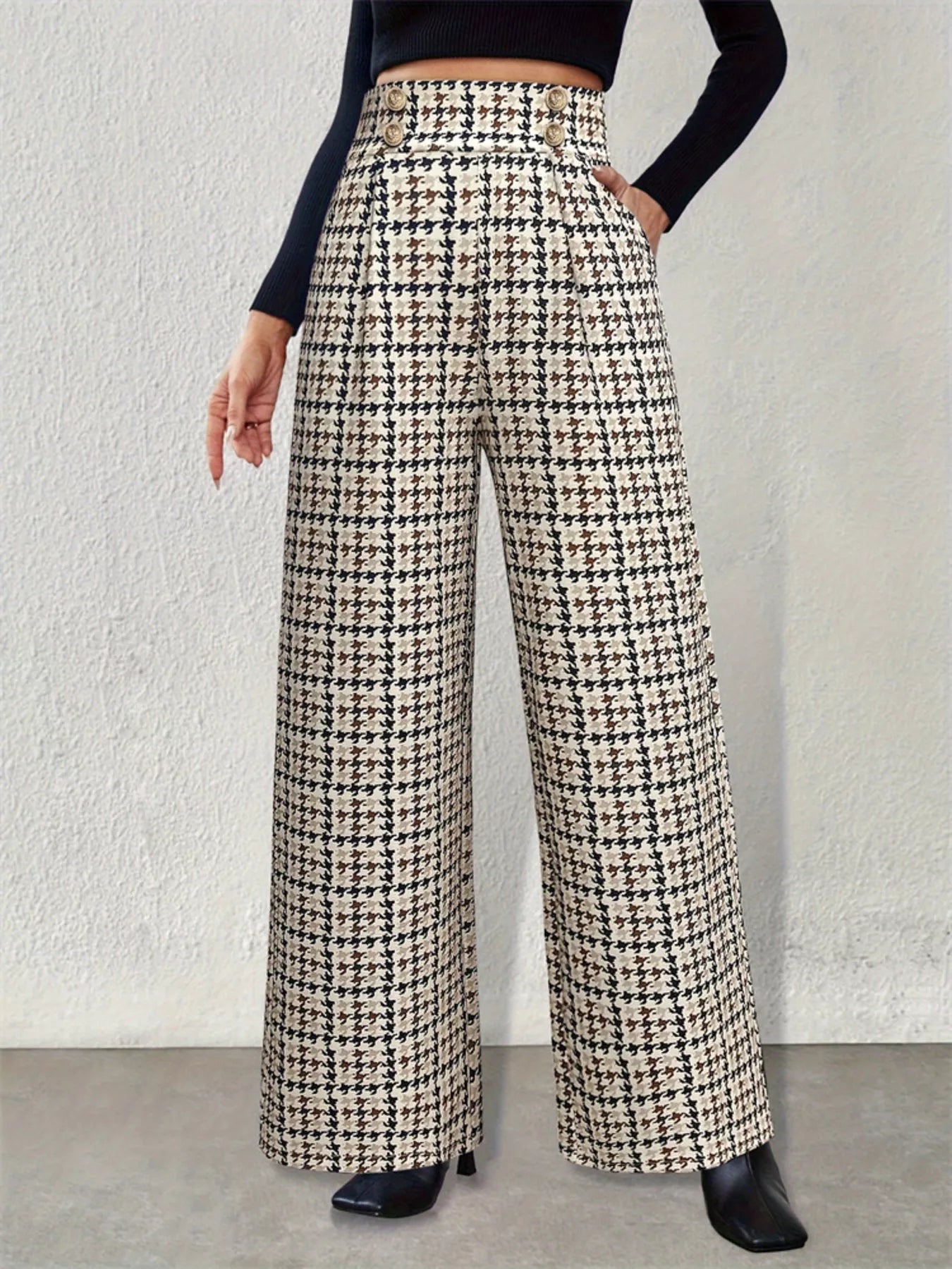 High Waisted Houndstooth Wide Leg Pants - Be Bliss Boutique