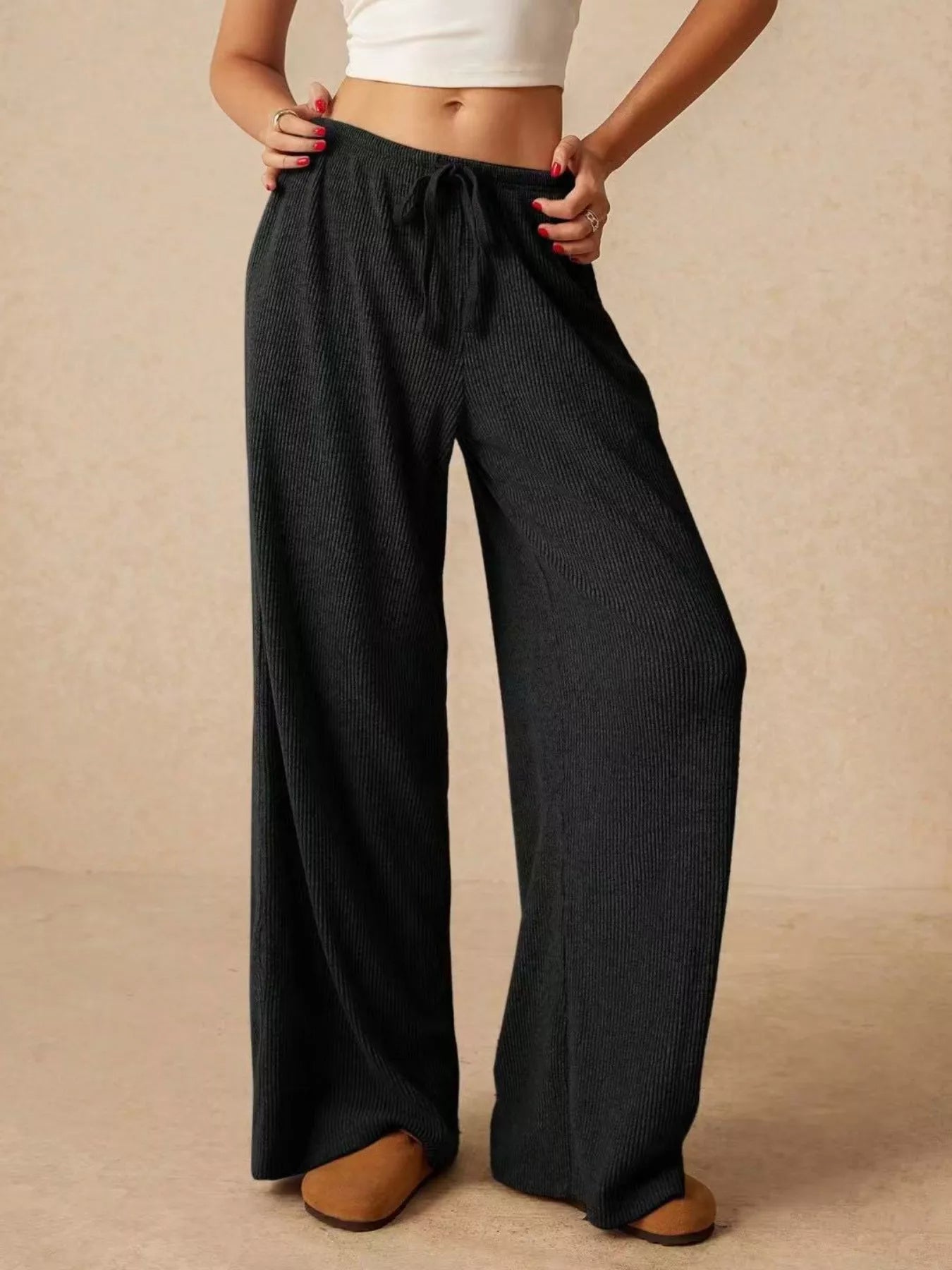 Ribbed Drawstring Wide Leg Pants - Be Bliss Boutique
