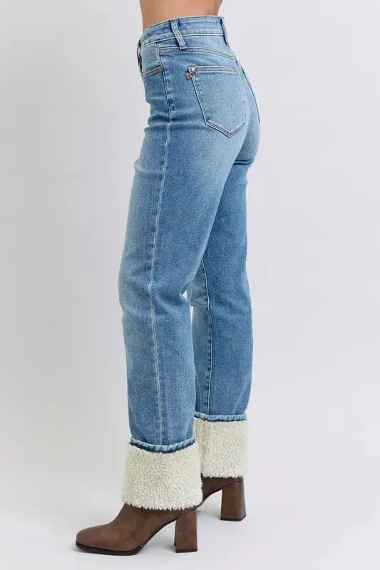 Judy Blue Full Size/Plus Size High Waist Shearling Cuff Straight Leg Jeans |  Be Bliss Boutique