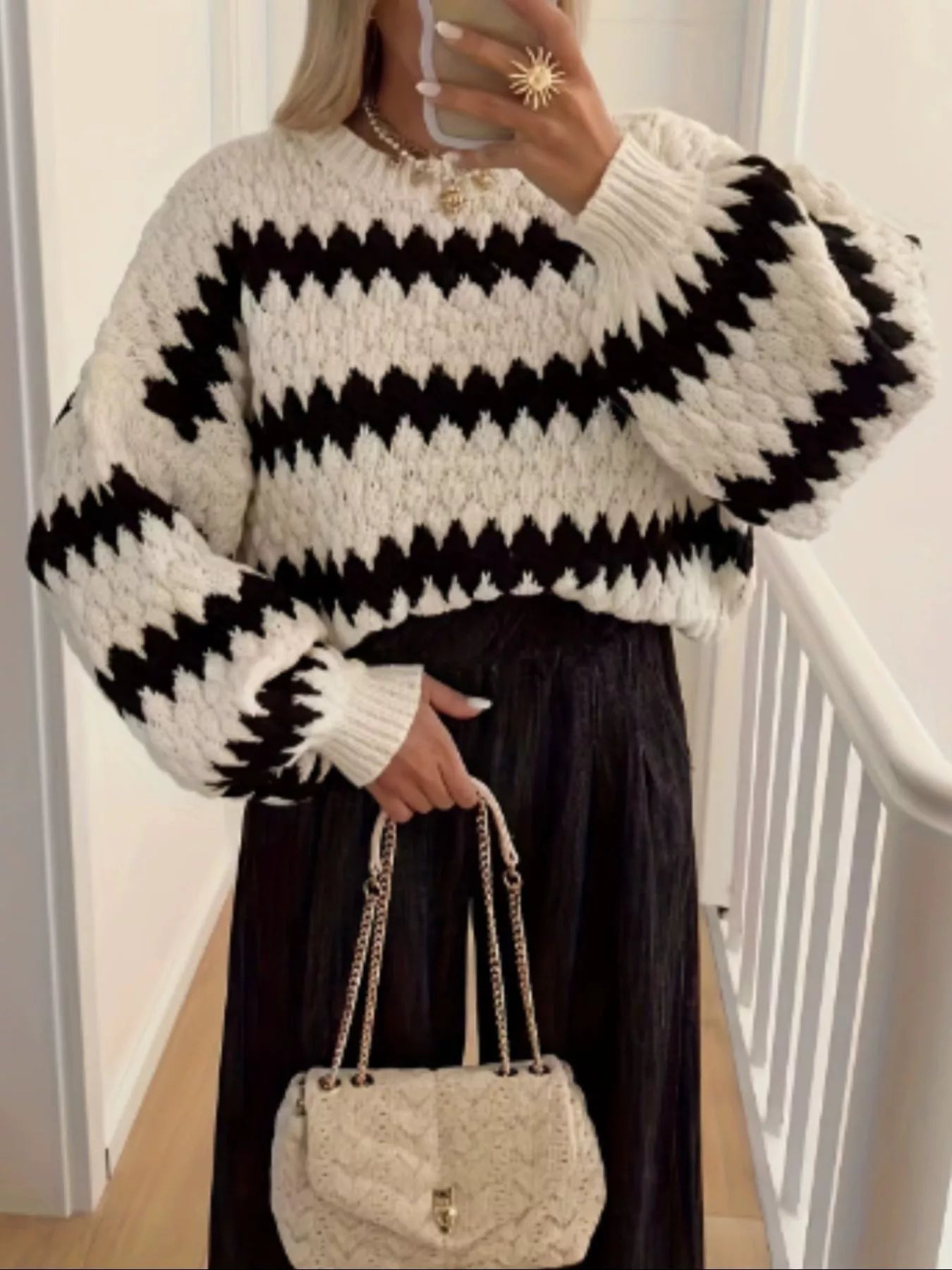 Striped Round Neck Dropped Shoulder Sweater -  Be Bliss Boutique