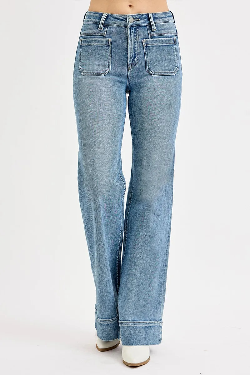 High Rise Wide Flare Patch Pocket RISEN Jeans – Full Size