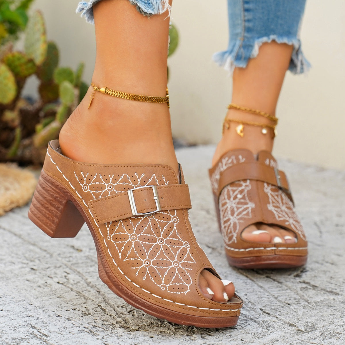 Buckle Decor Block Heel Sandals - Be Bliss Boutique