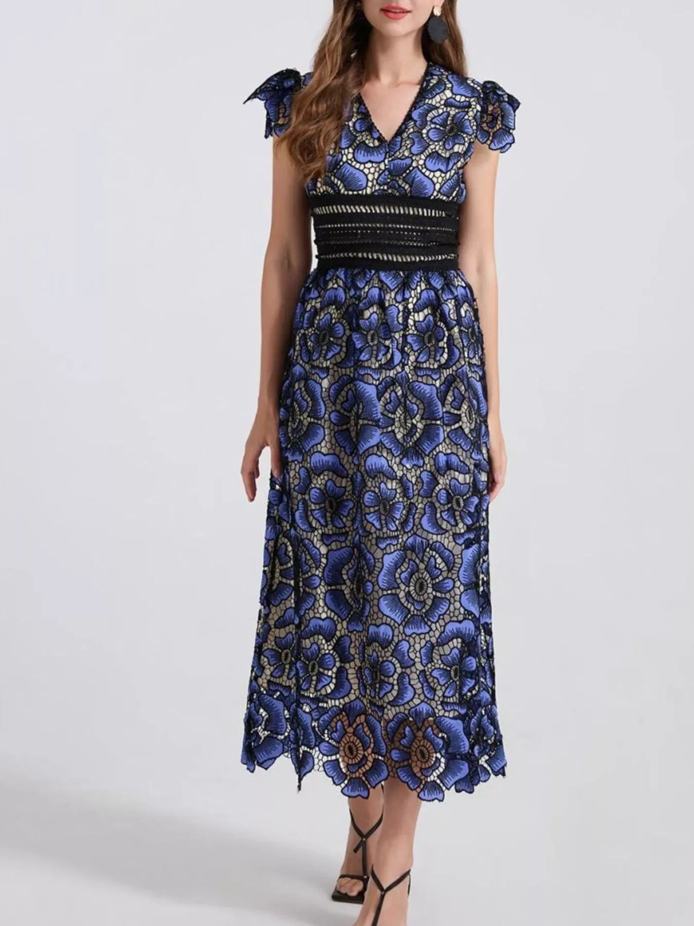 Printed V-Neck Ruffle Sleeve Midi Dress - Be Bliss Boutique