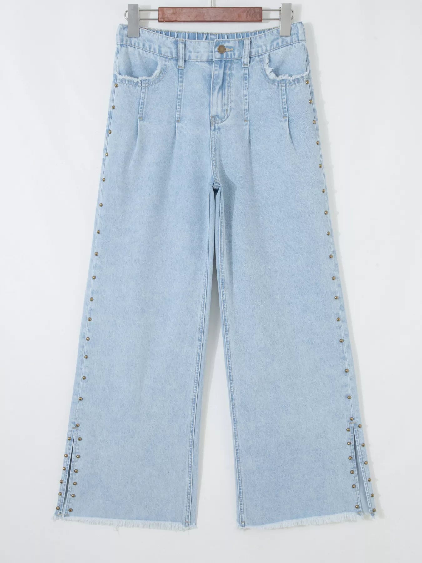 Studded Side Slit Leg Pocketed Frayed Wide Leg Jeans - Be Bliss Boutique