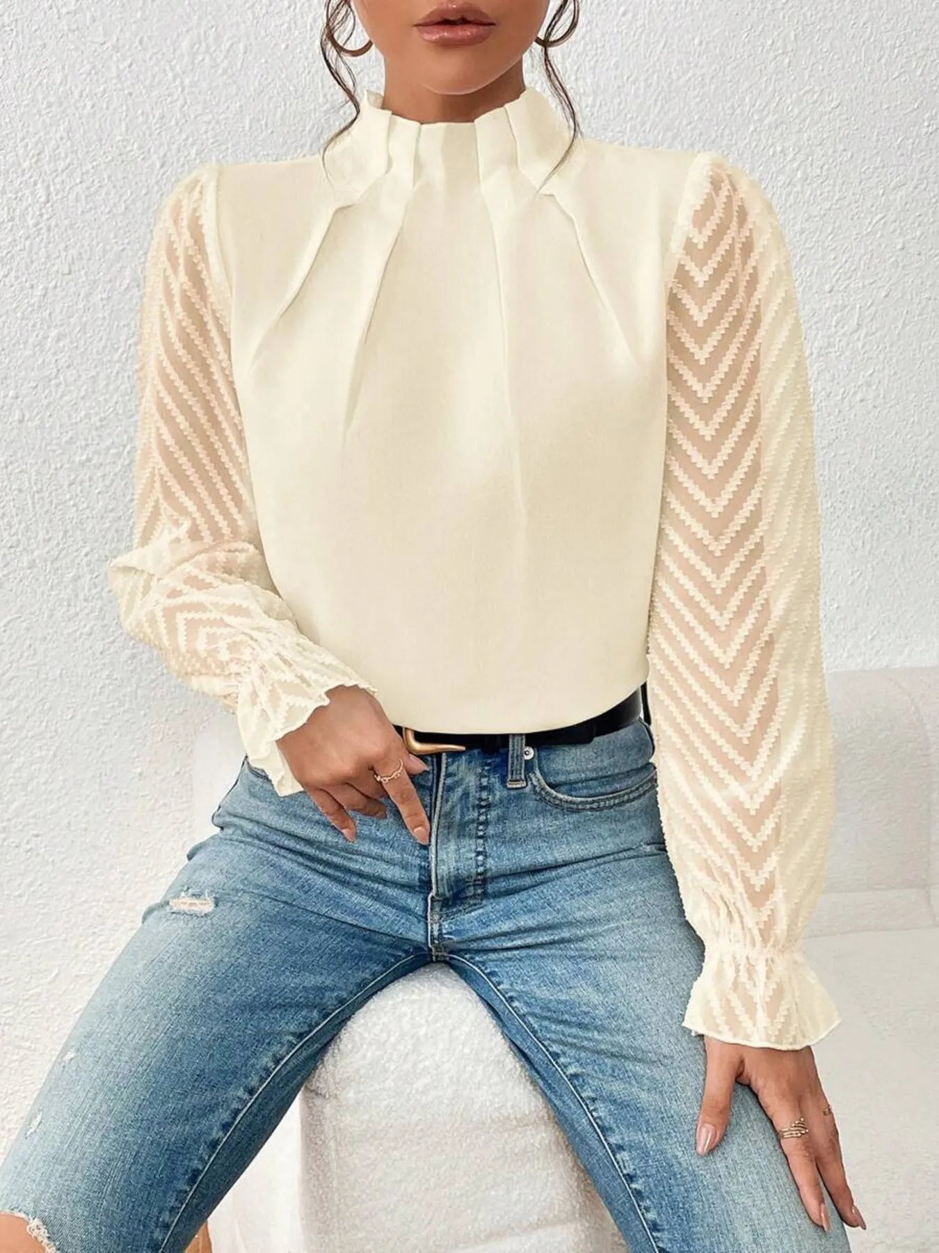 Mock Neck Flounce Sleeve Blouse -  Be Bliss Boutique