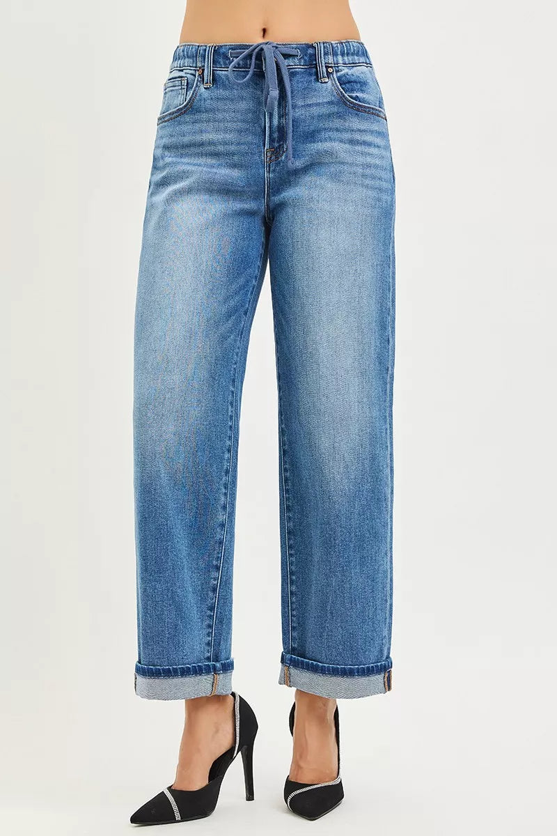 RISEN Jeans - Elastic Waist Slouchy Boyfriend Ankle Jeans with Cuffed Hem - Be Bliss Boutique