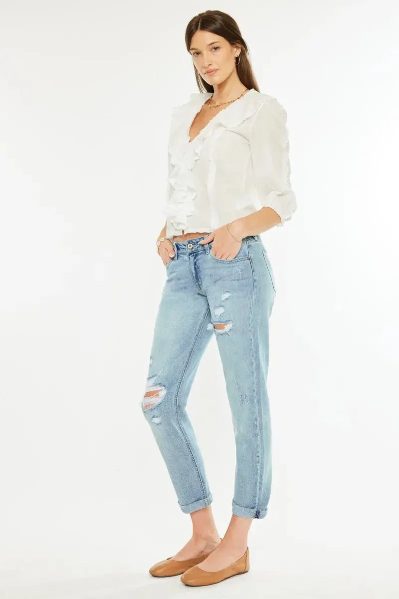 Kancan Mid Rise Distressed Boyfriend Fit Jeans | Be Bliss Boutique