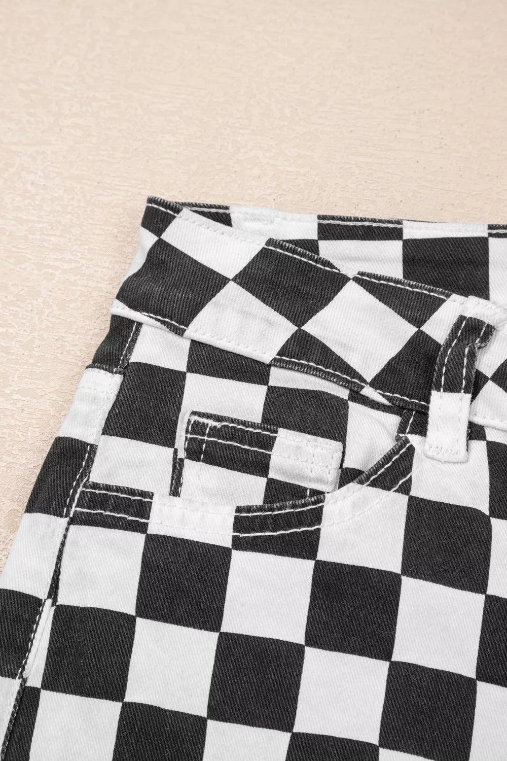Checkerboard Print Distressed Holes Raw Edge Cropped Jeans - Be Bliss Boutique