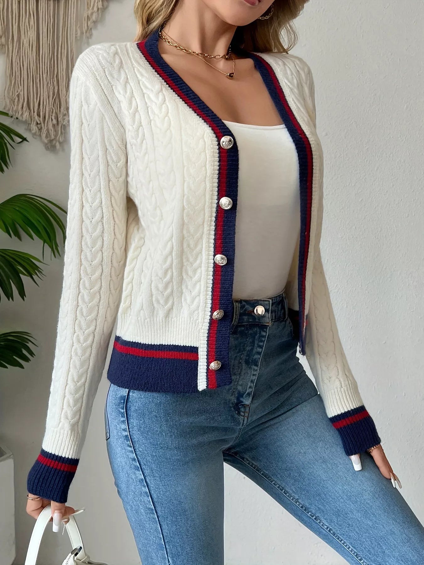 Contrast Trim Cable Knit Cardigan - Be Bliss Boutique