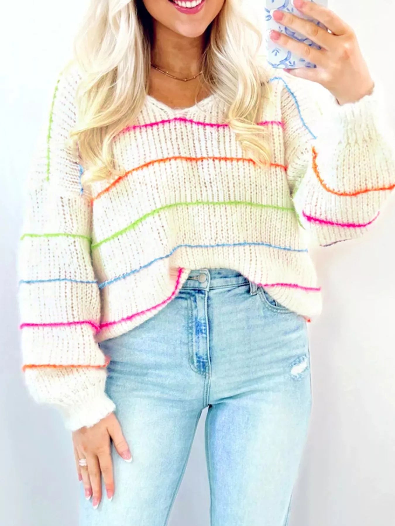 Colorful Striped Detail V Neck Drop Shoulder Baggy Sweater - Be Bliss Boutique