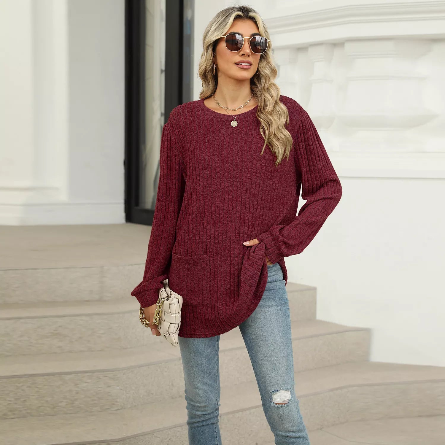 Ribbed Knit Long Sleeve T-Shirt -  Be Bliss Boutique