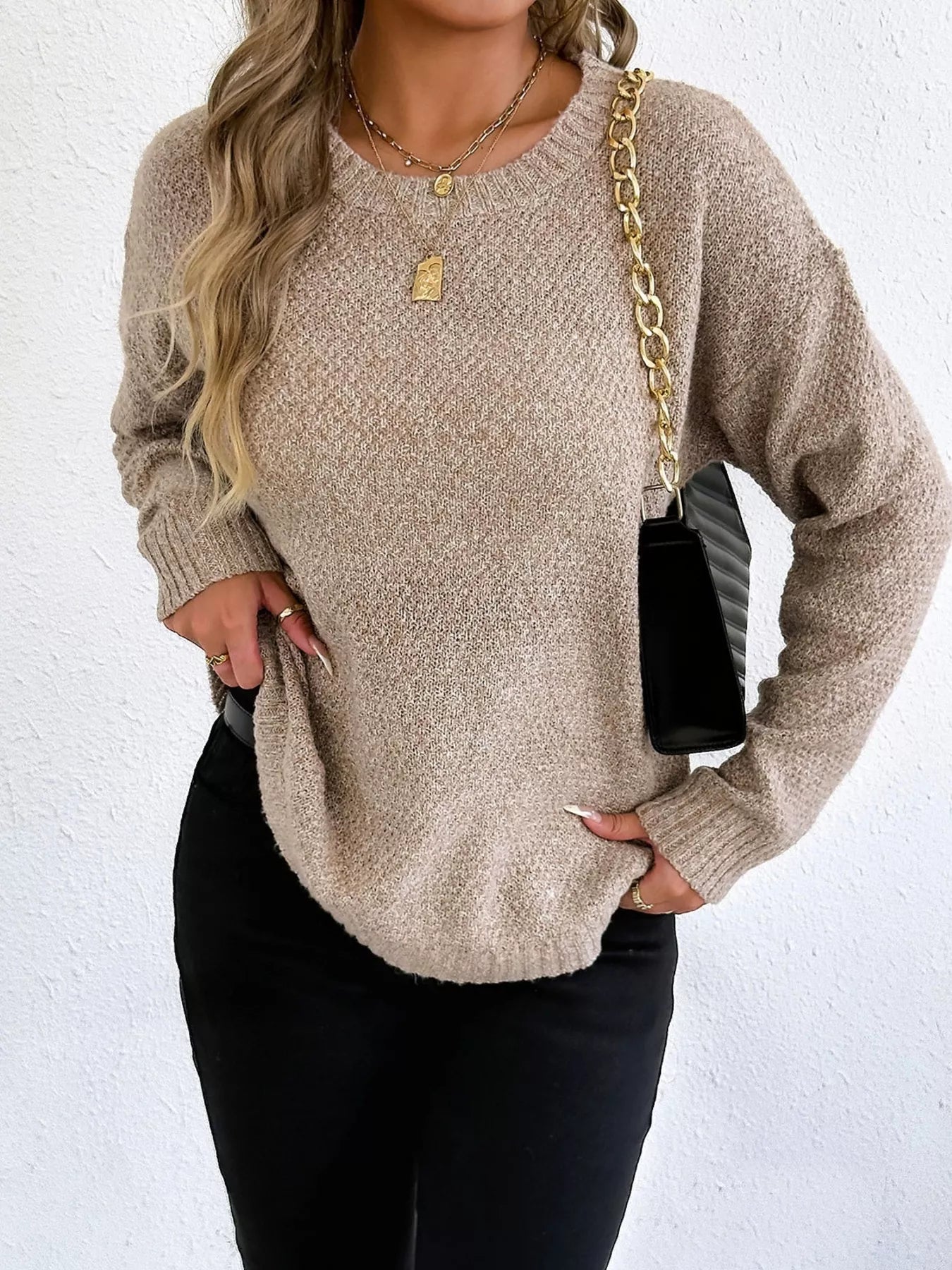 Round Neck Textured Knit Relaxed Fit Sweater - Be Bliss Boutique