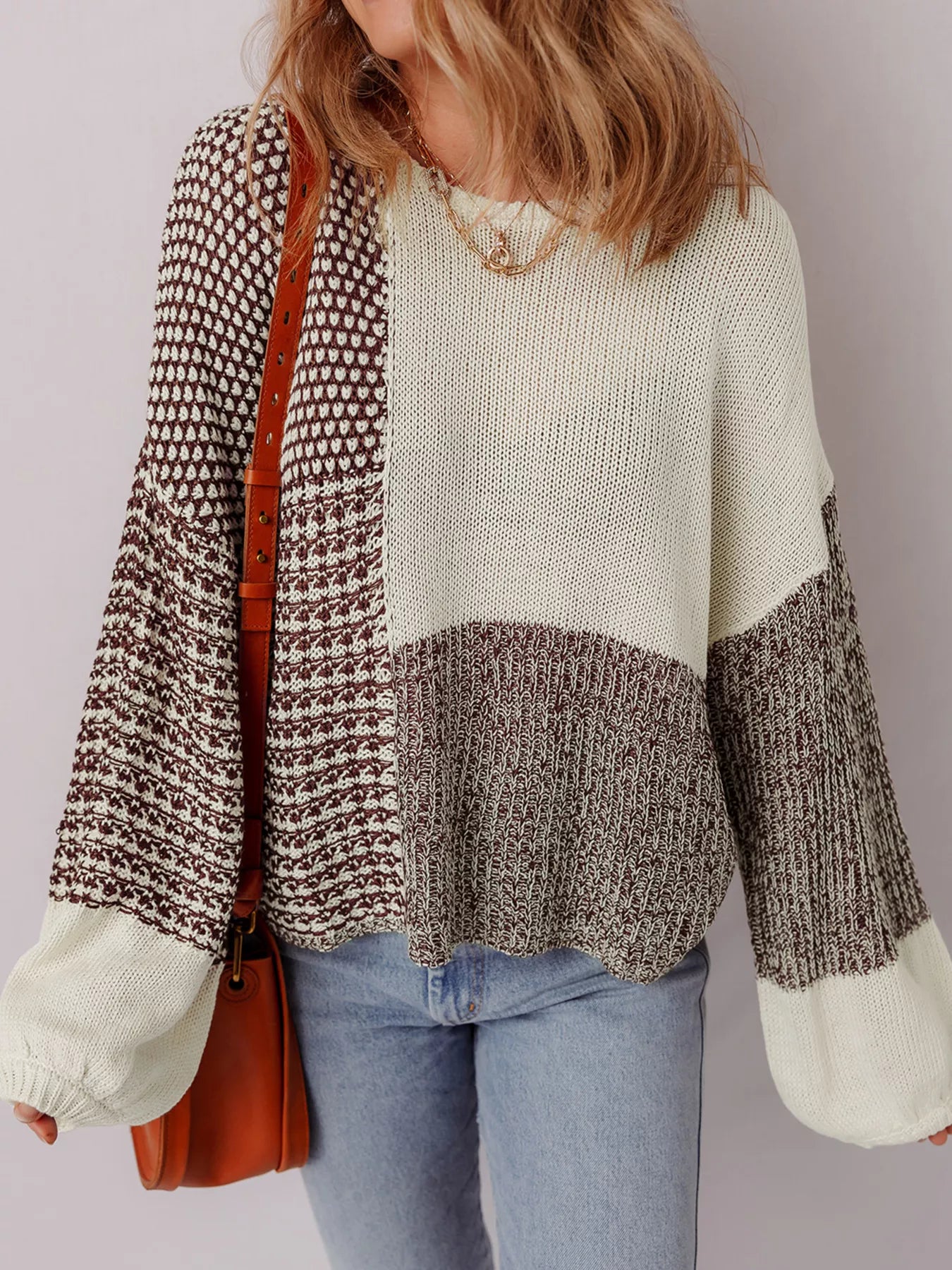 Color Block Back Tie Drop Shoulder Loose Sweater -  Be Bliss Boutique