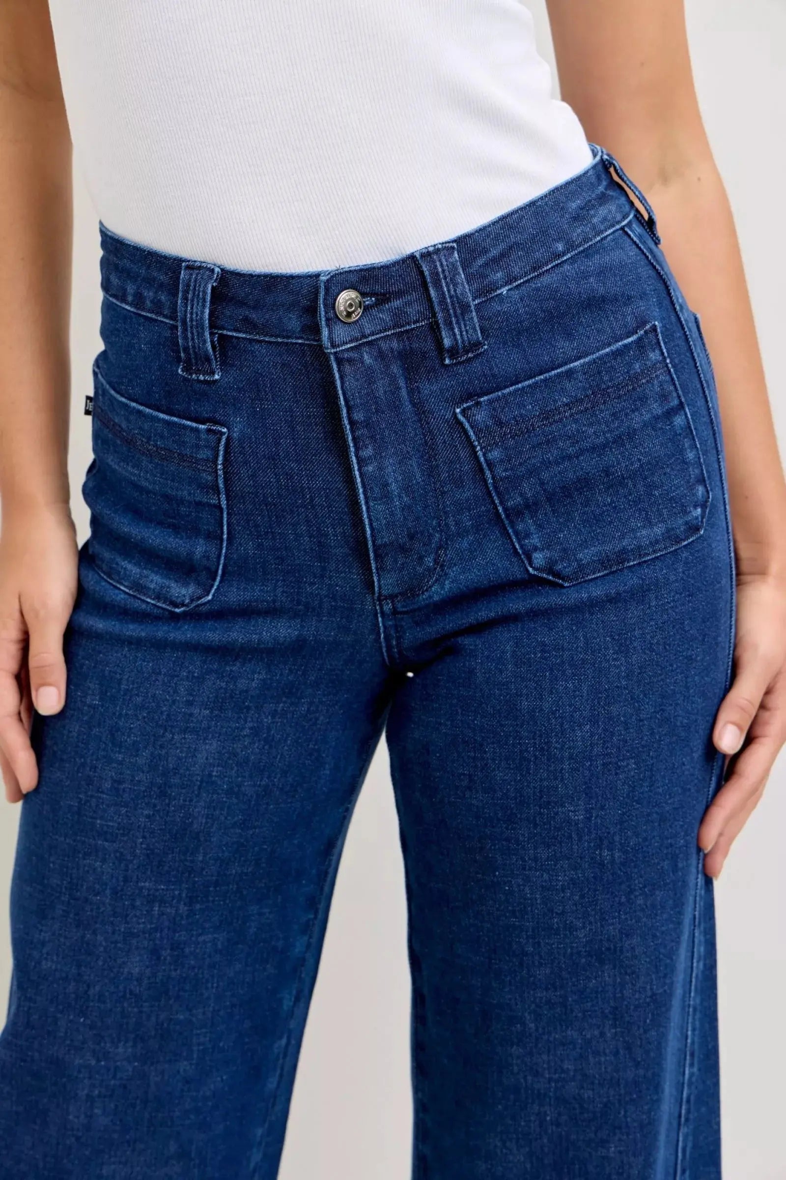 Judy Blue High-Waisted Retro Wide Jeans with Patch Pkts & Twisted Seams - Be Bliss Boutique