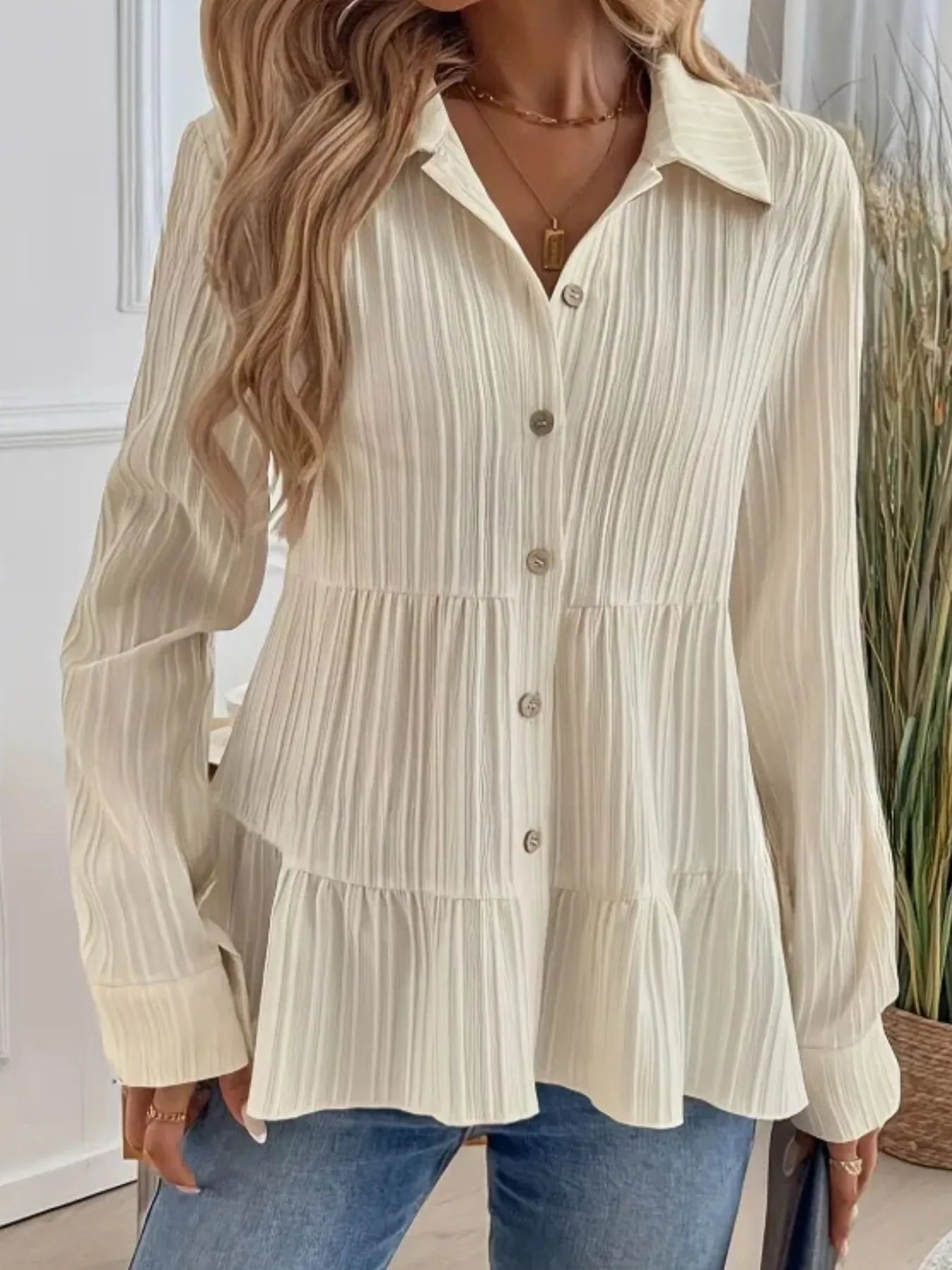 Striped Button-Down Tiered Shirt -  Be Bliss Boutique