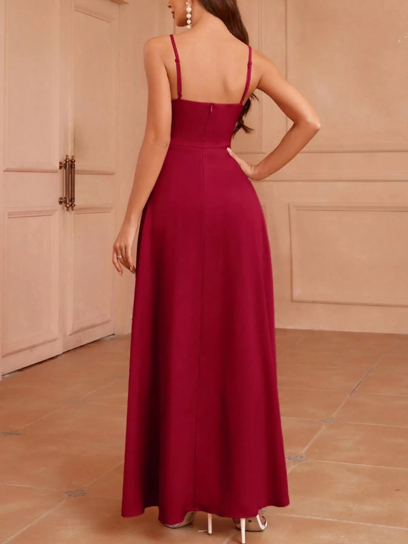 Elegant Wrap Bodice Slit Spaghetti Strap Maxi Dress - Be Bliss Boutique