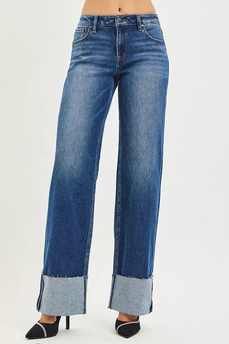 RISEN Jeans - Mid Rise Wide Straight Jeans With Wide Cuff - Be Bliss Boutique