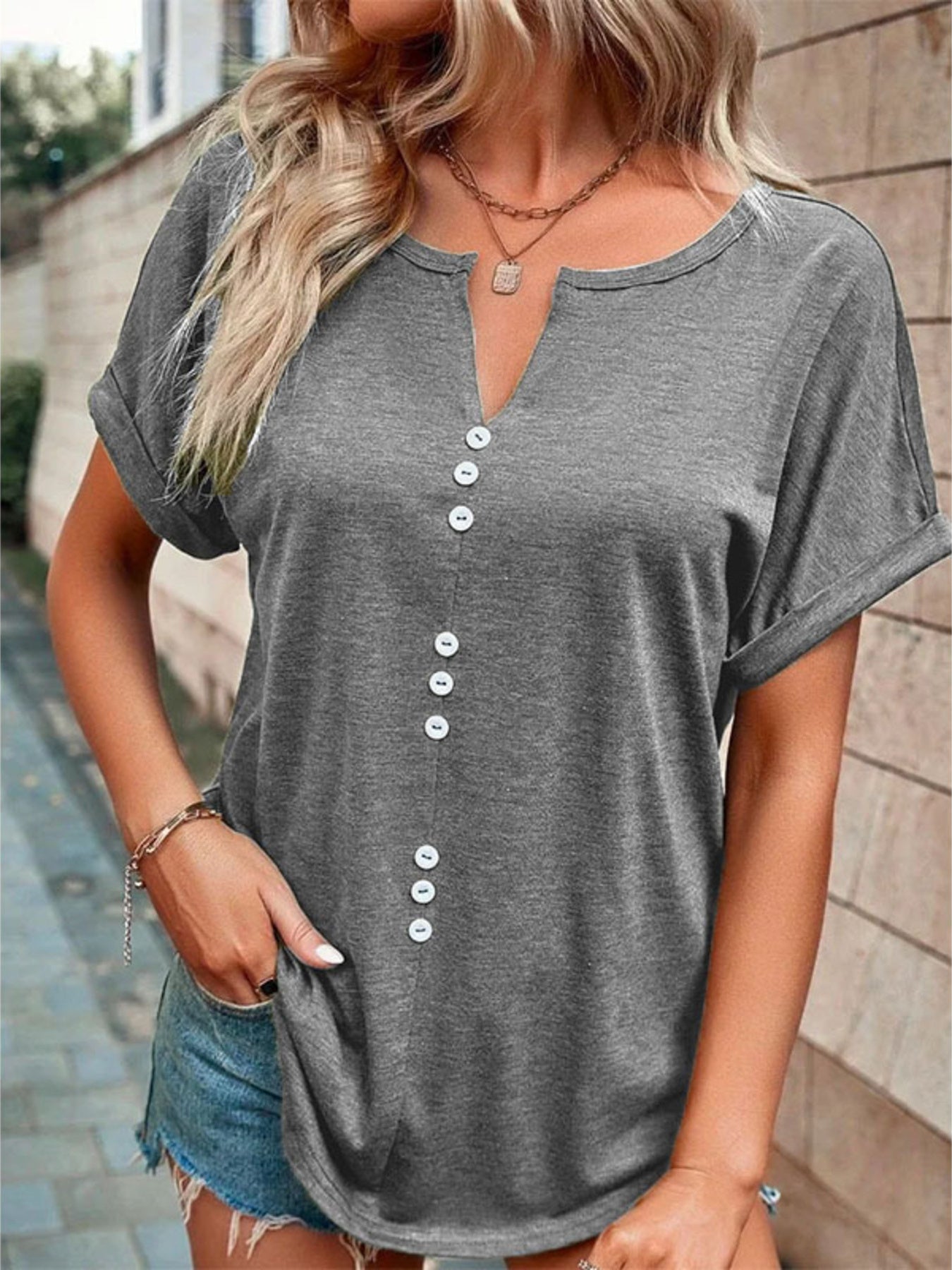 Full Size Decor Button Short Sleeve T Shirt - Be Bliss Boutique