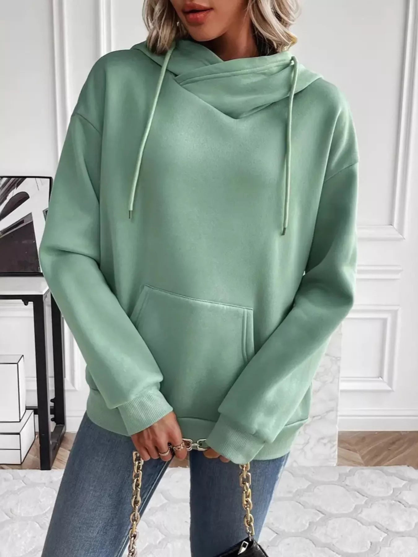 Kangaroo Pocket Long Sleeve Drawstring Hoodie - Be Bliss Boutique