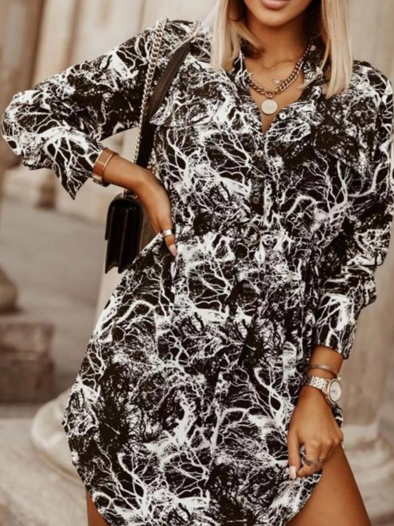 Printed Button Front Long Sleeve Dress -  Be Bliss Boutique