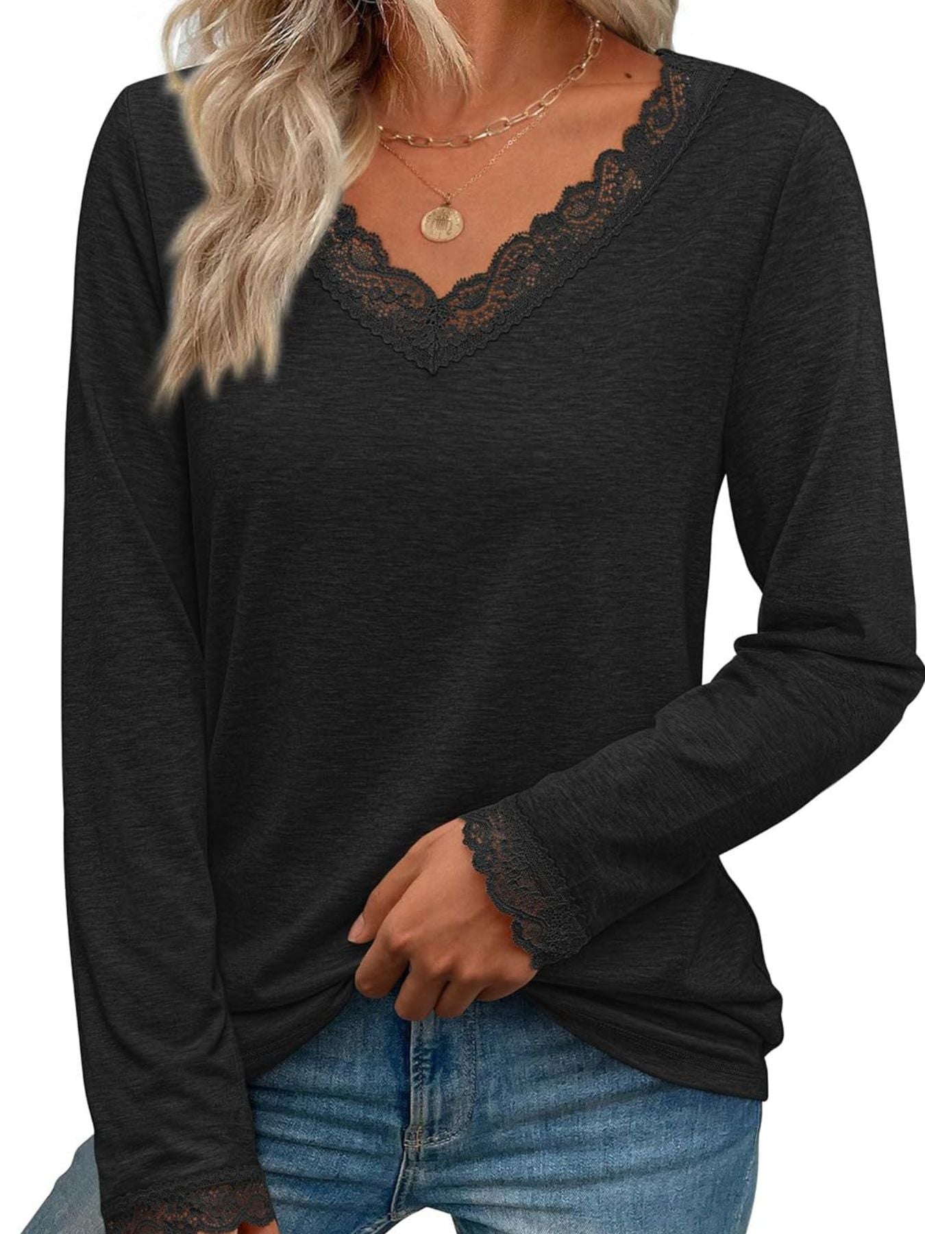 Women's Lace Trim V Neck Long Sleeve Top - Be Bliss Boutique