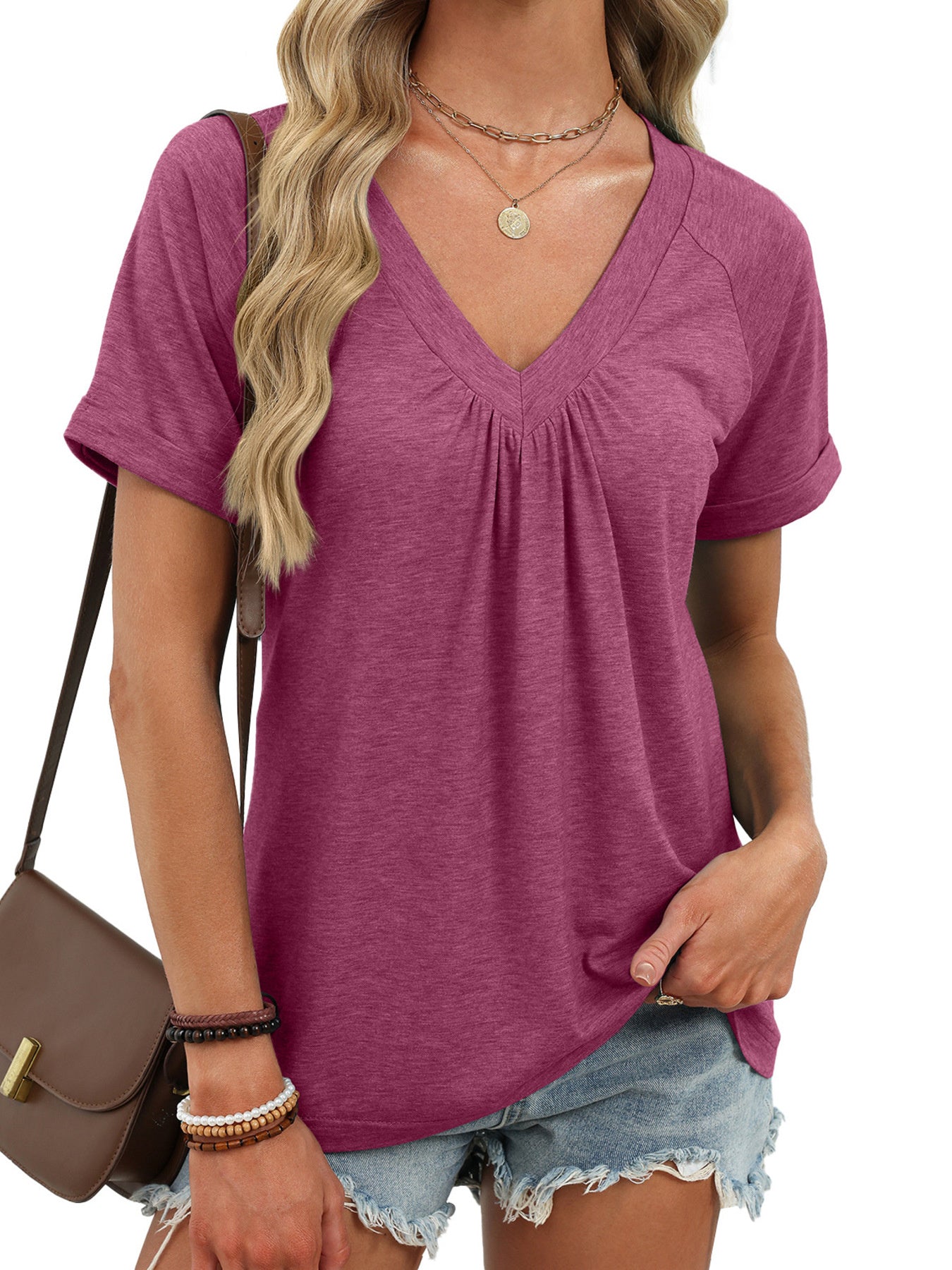 Women's Casual Ruched V Neck Short Sleeve T Shirt - Be Bliss Boutique