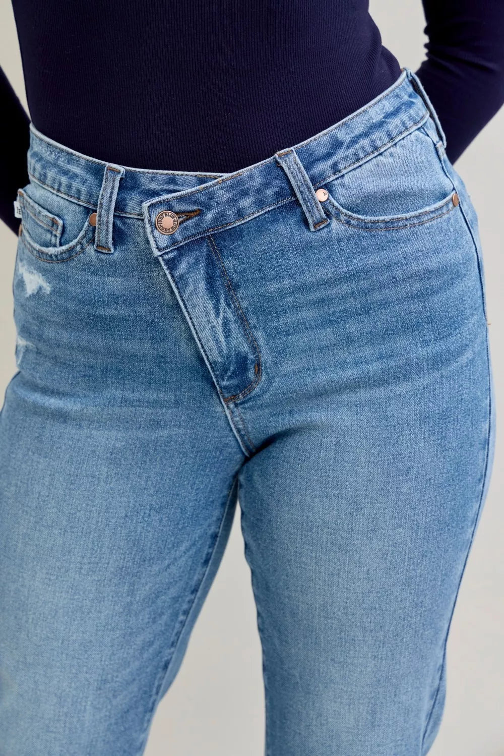 Judy Blue High Waist Bf Criss-cross Mild Destroy Jeans with Single Cuff - Be Bliss Boutique