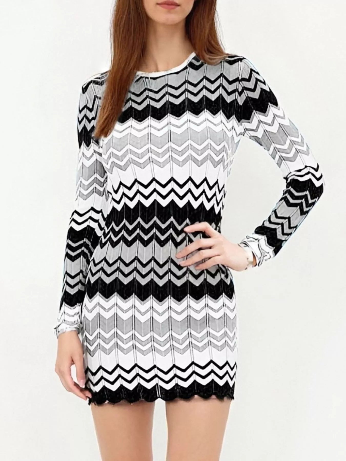 Openwork Wave Pattern Long Sleeve Sweater Dress -  Be Bliss Boutique