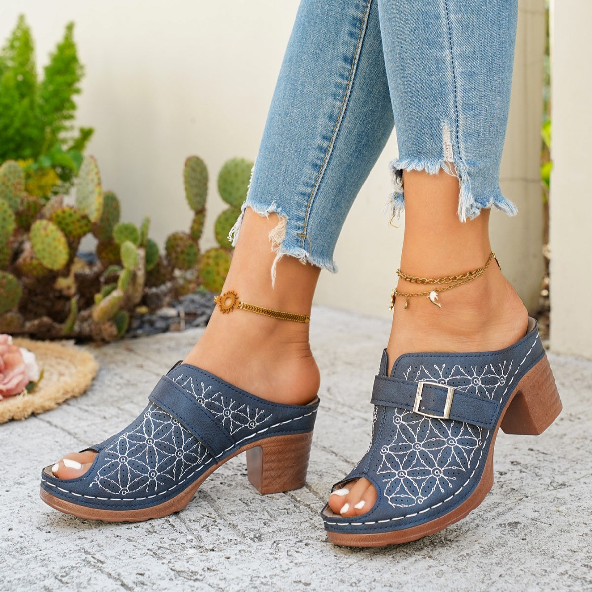 Buckle Decor Block Heel Sandals - Be Bliss Boutique