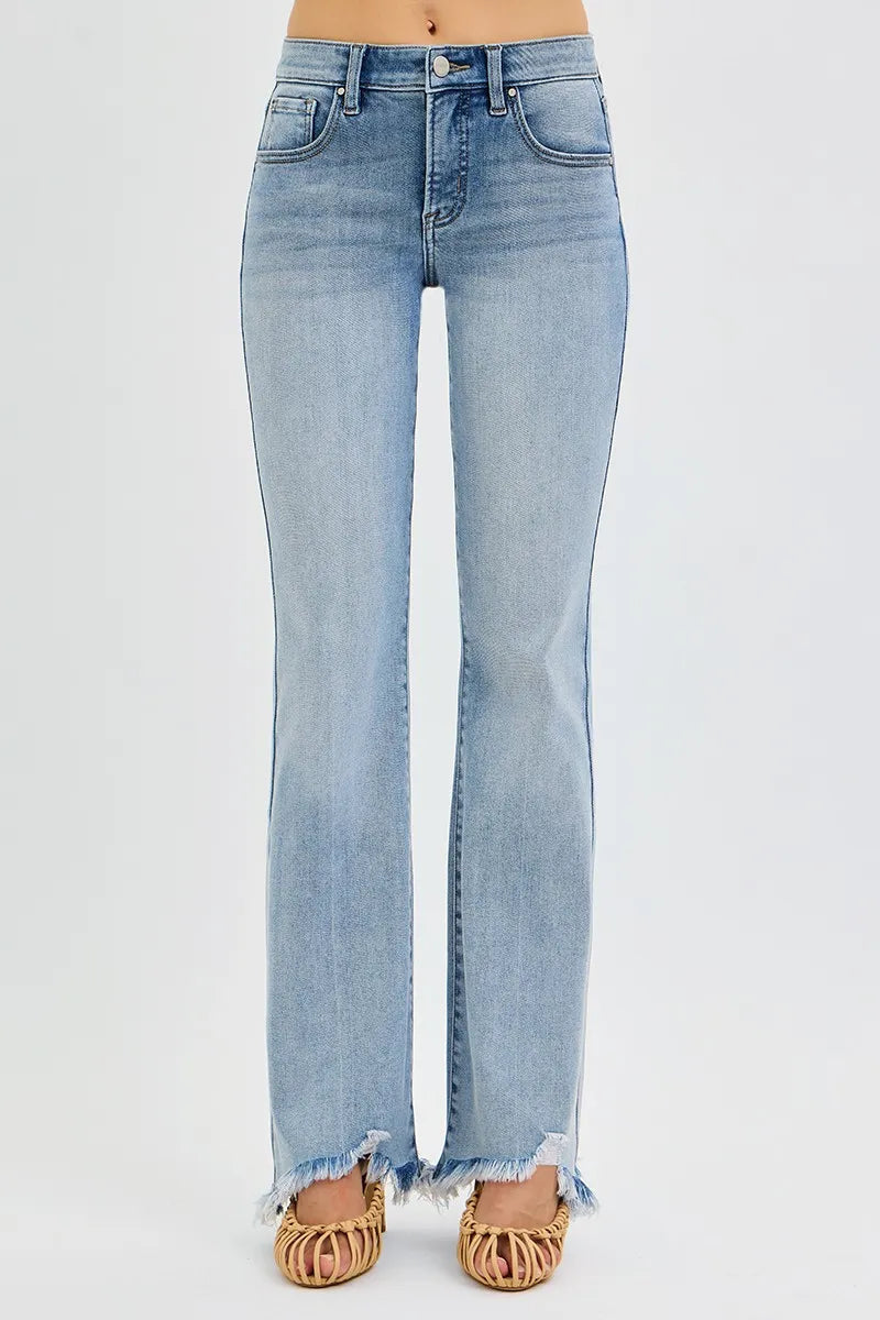 RISEN Full Size Tummy Control Mid Rise Flare Jeans with Fray Hem Detailed Plus Size -  Be Bliss Boutique