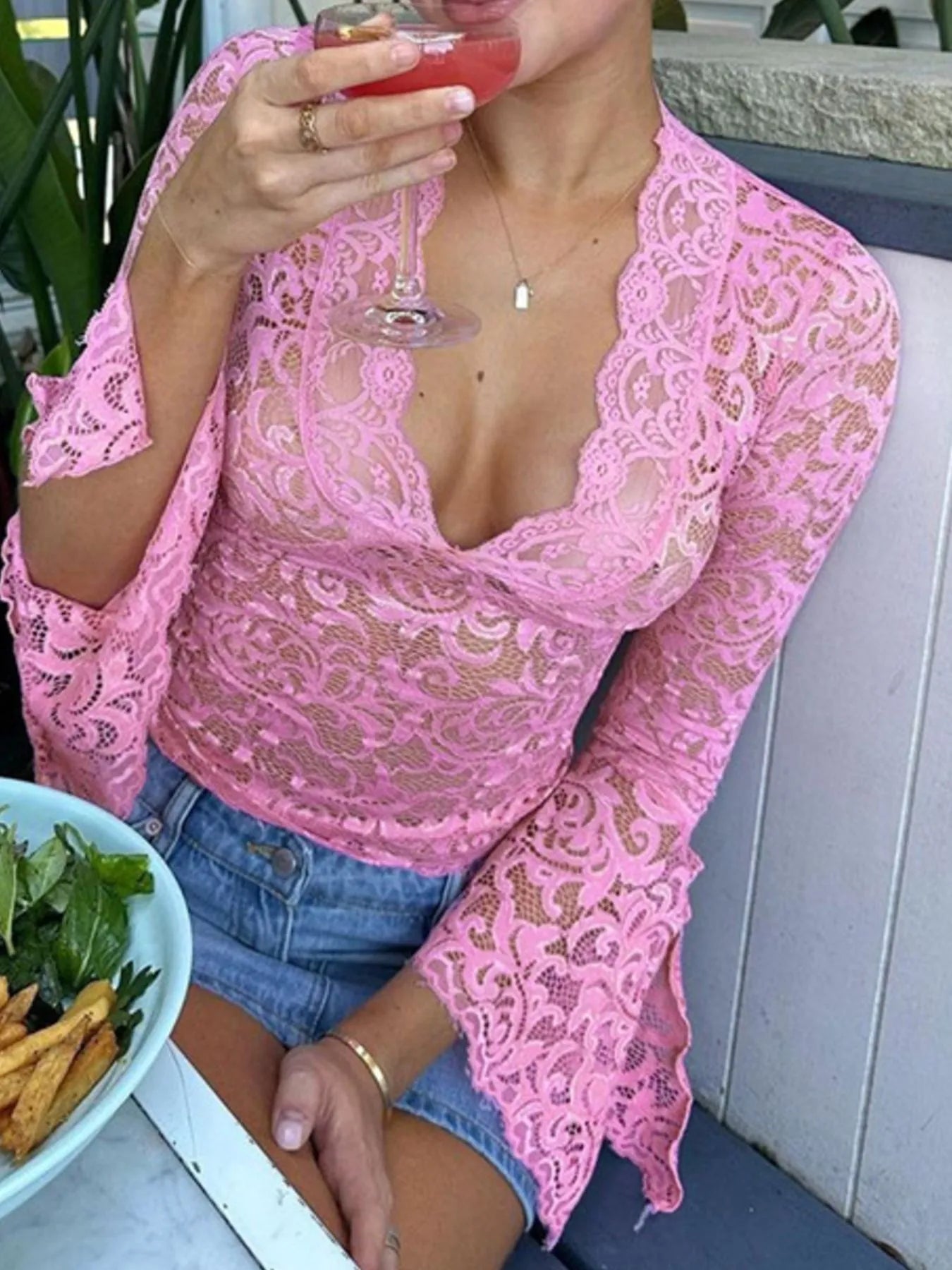 Lace Long Sleeve Deep V-Neck Blouse - Be Bliss Boutique