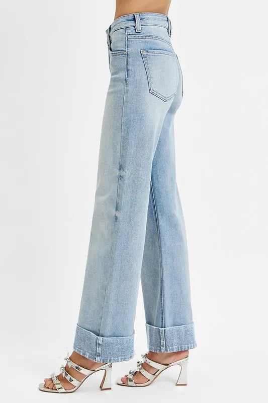 RISEN Full Size Tummy Control High Rise Ankle Wide Cuffed Jeans Plus Size -  Be Bliss Boutique
