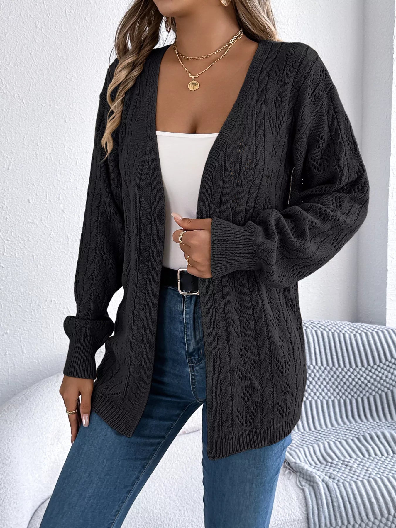 Openwork Open Front Long Sleeve Cardigan - Be Bliss Boutique